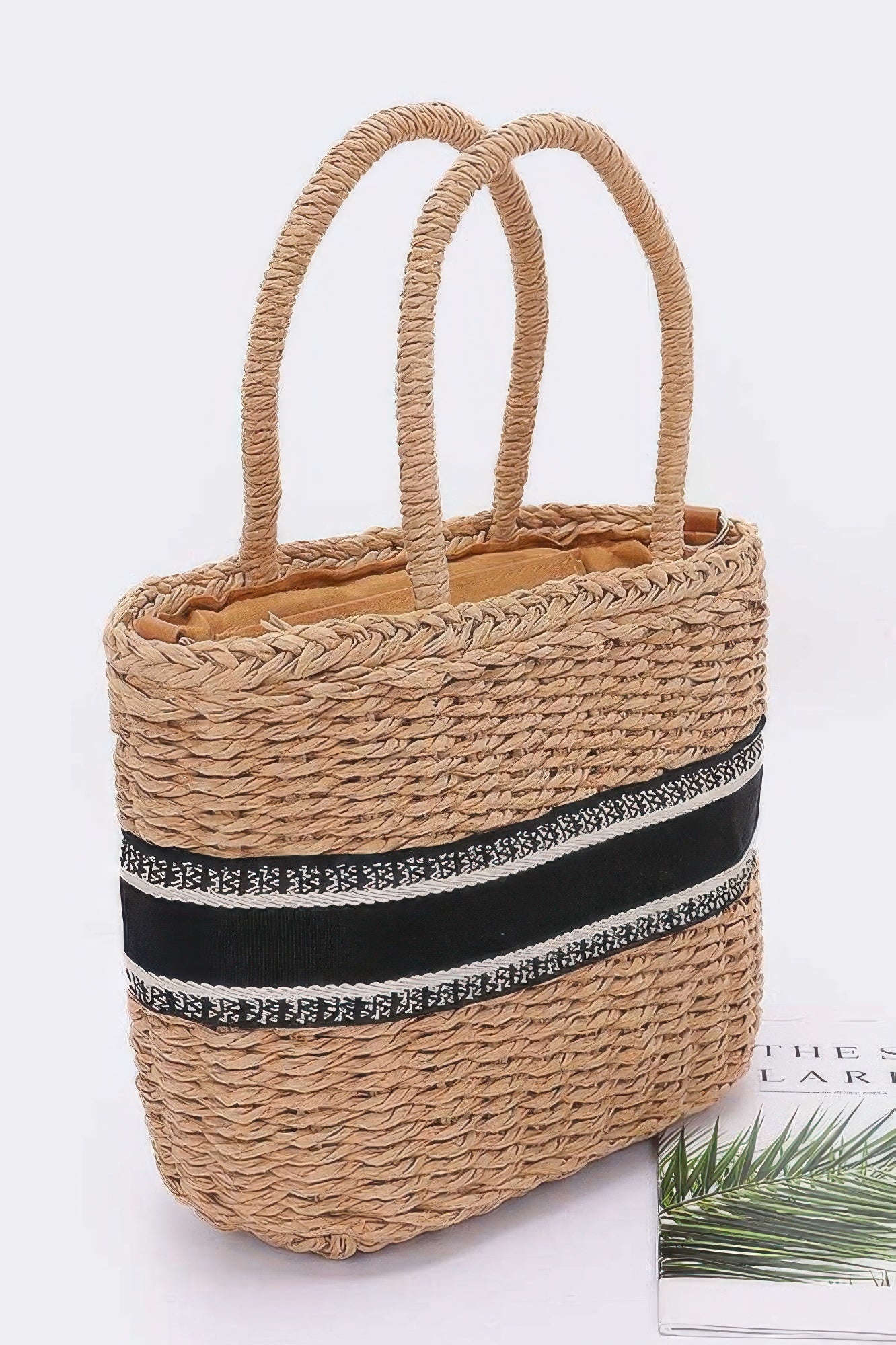 Banded Faux Straw Small Tote Bag Secondary image