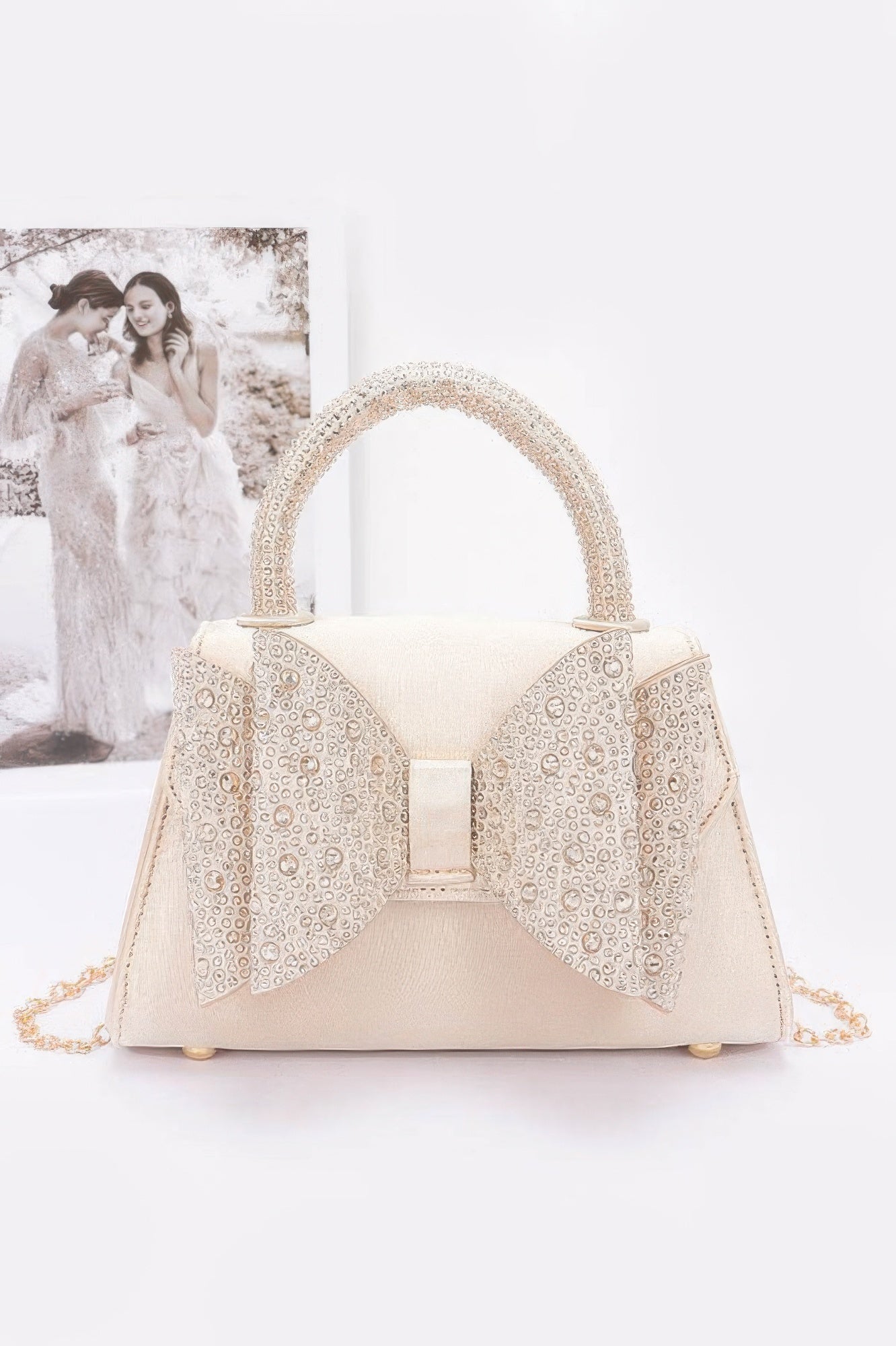 Rhinestone Bow Satin Top-Handle Flap Handbag Secondary image