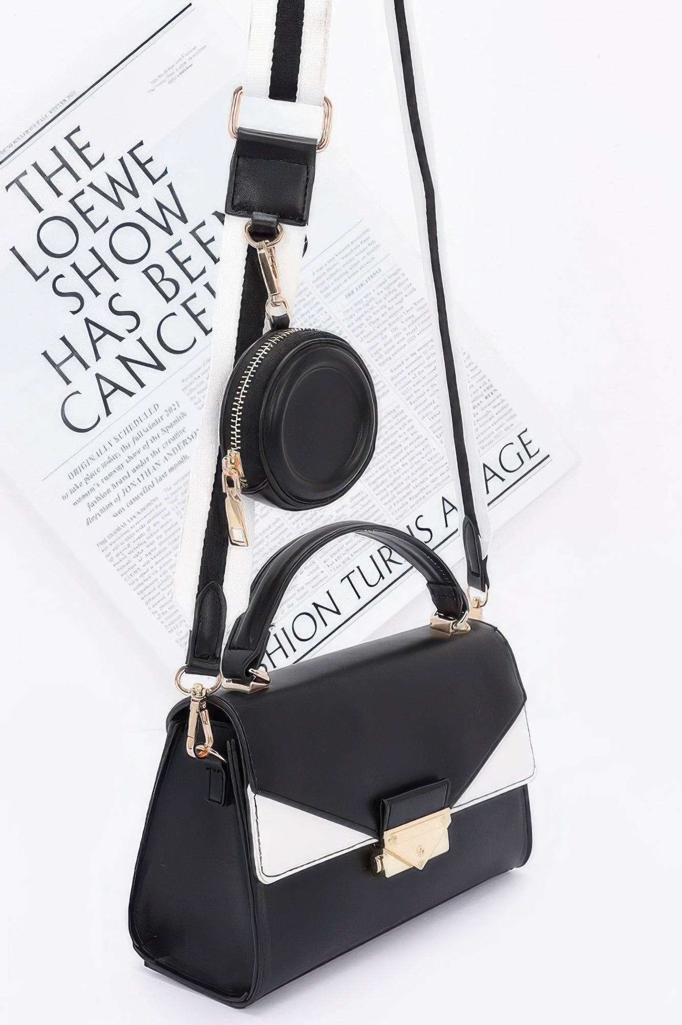Black and White Faux Leather Flap Shoulder Bag Secondary image