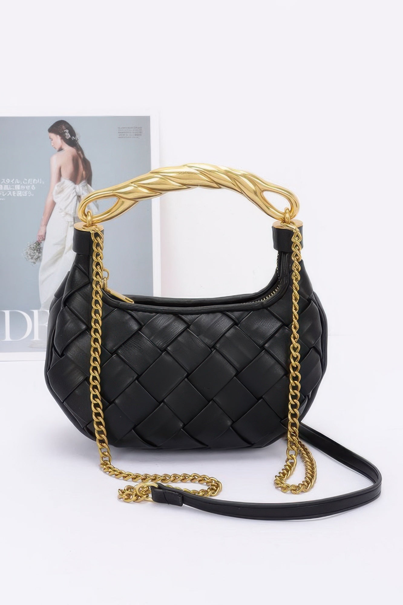 Woven Faux Leather Bag with Braided Metal Handle Secondary image