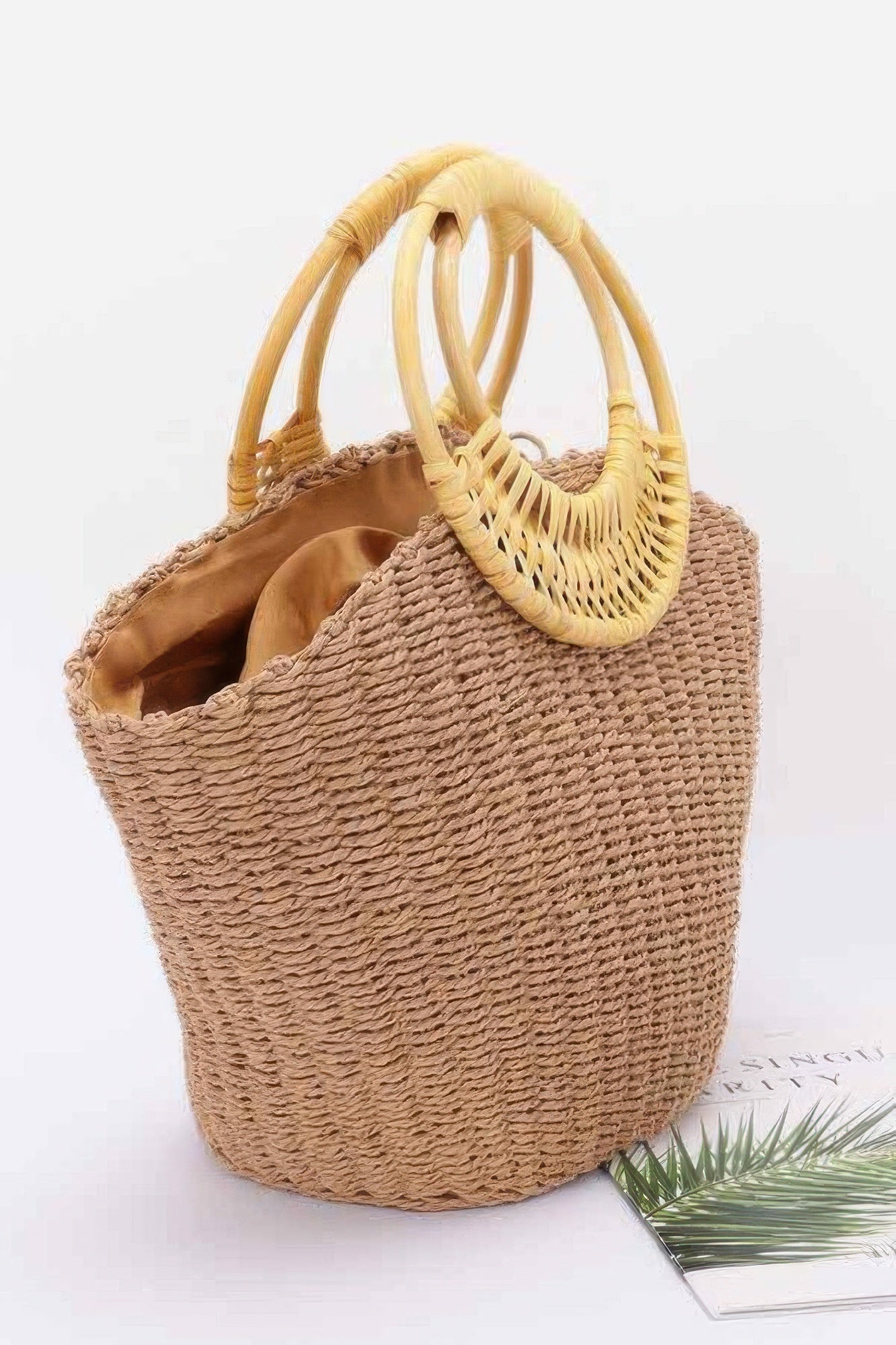 Khaki Faux Straw Tote with Bamboo Handles Secondary image