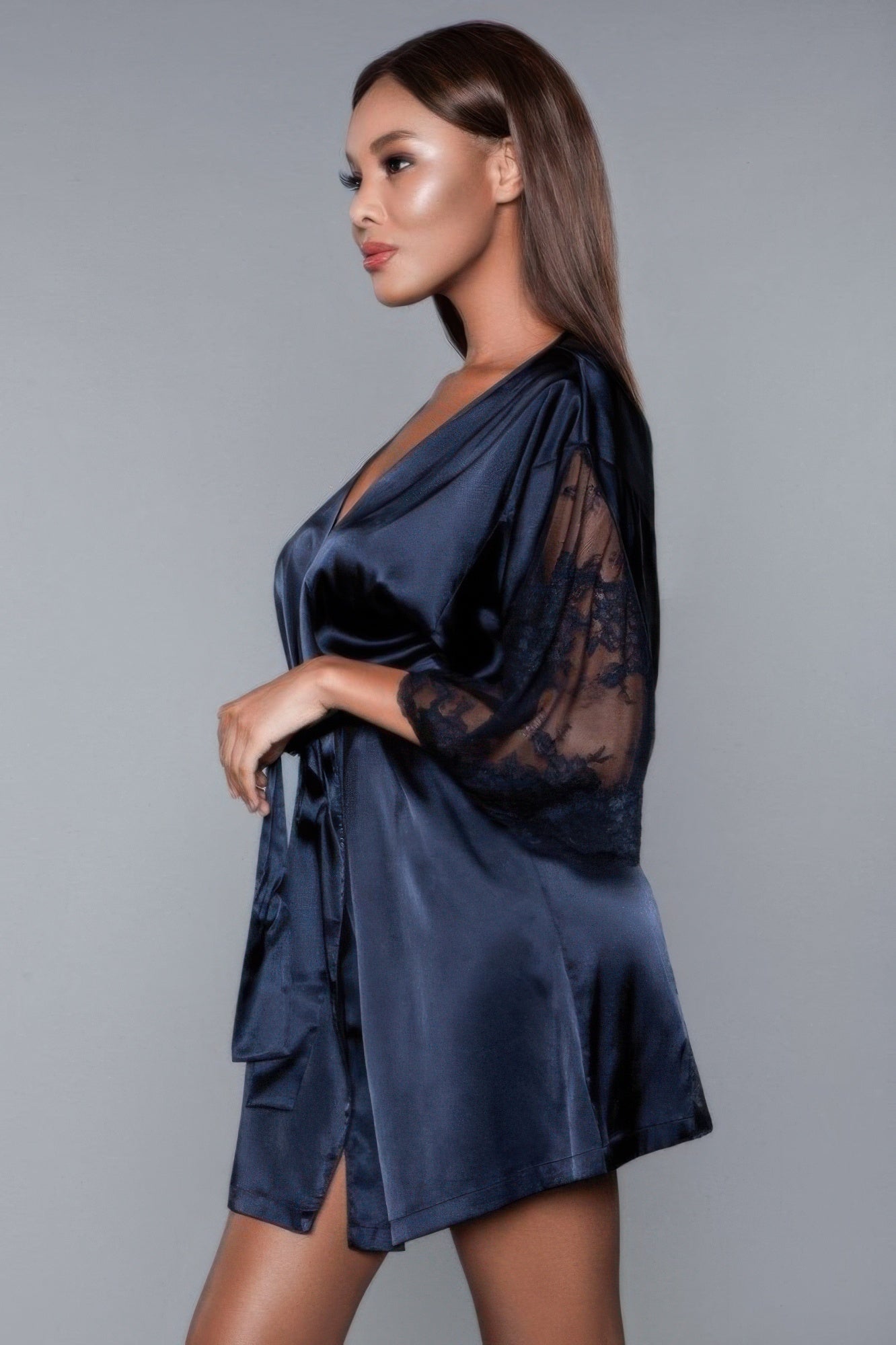 Black Satin Robe with Sheer Lace Sleeves Secondary image