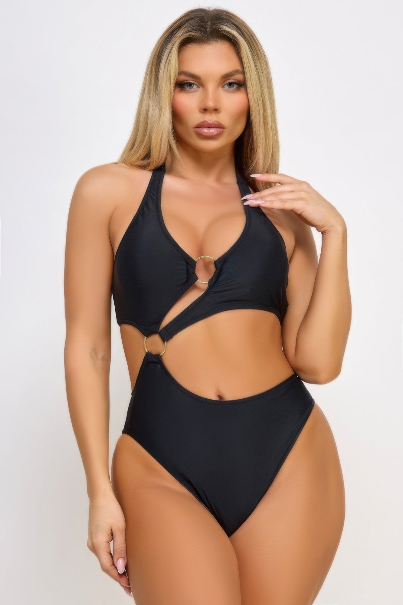 Black Cut-Out One-Piece Swimsuit with Metallic Ring Details Secondary image