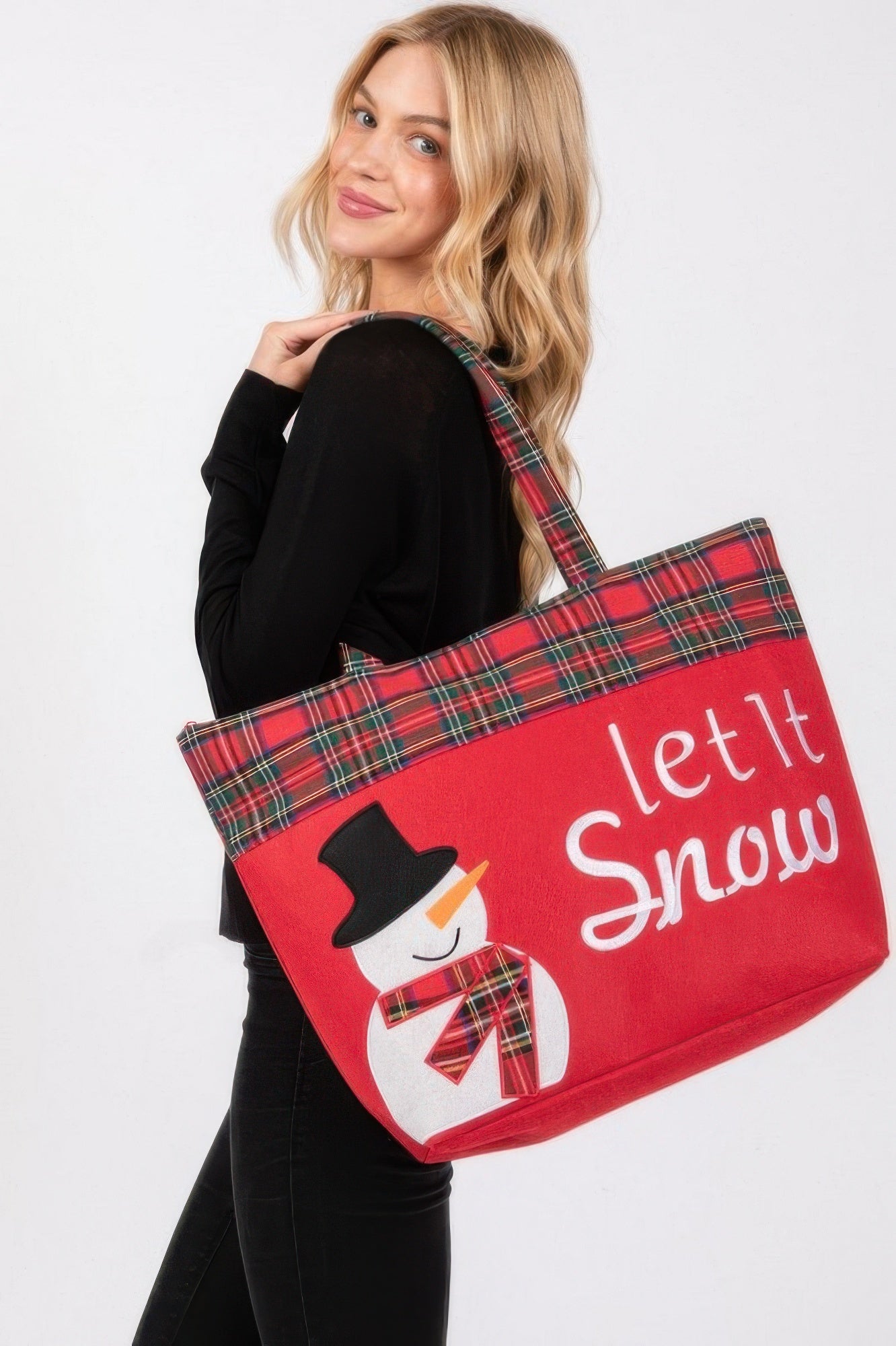 Red Plaid Let It Snow Snowman Holiday Tote Bag Secondary image