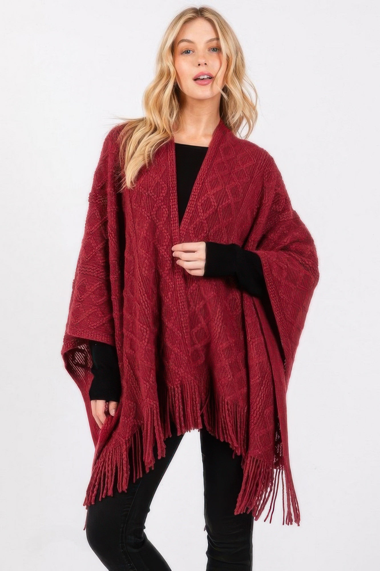 Tassel-Trim Knit Ruana with Diamond Pattern Secondary image