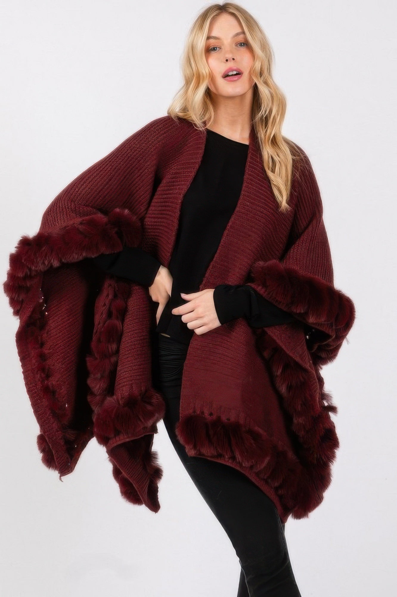 Faux Fur-Trimmed Cape With Front Closure Secondary image