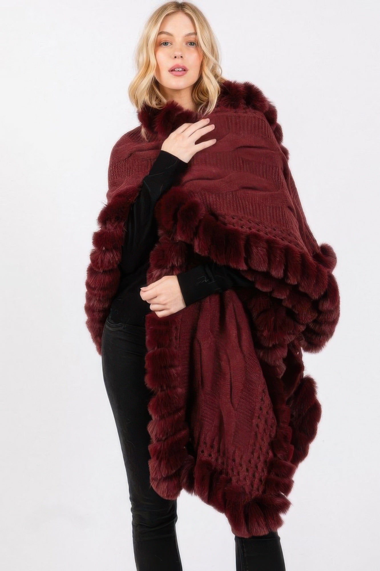 Faux Fur Trimmed Cape With Oversized Collar Secondary image