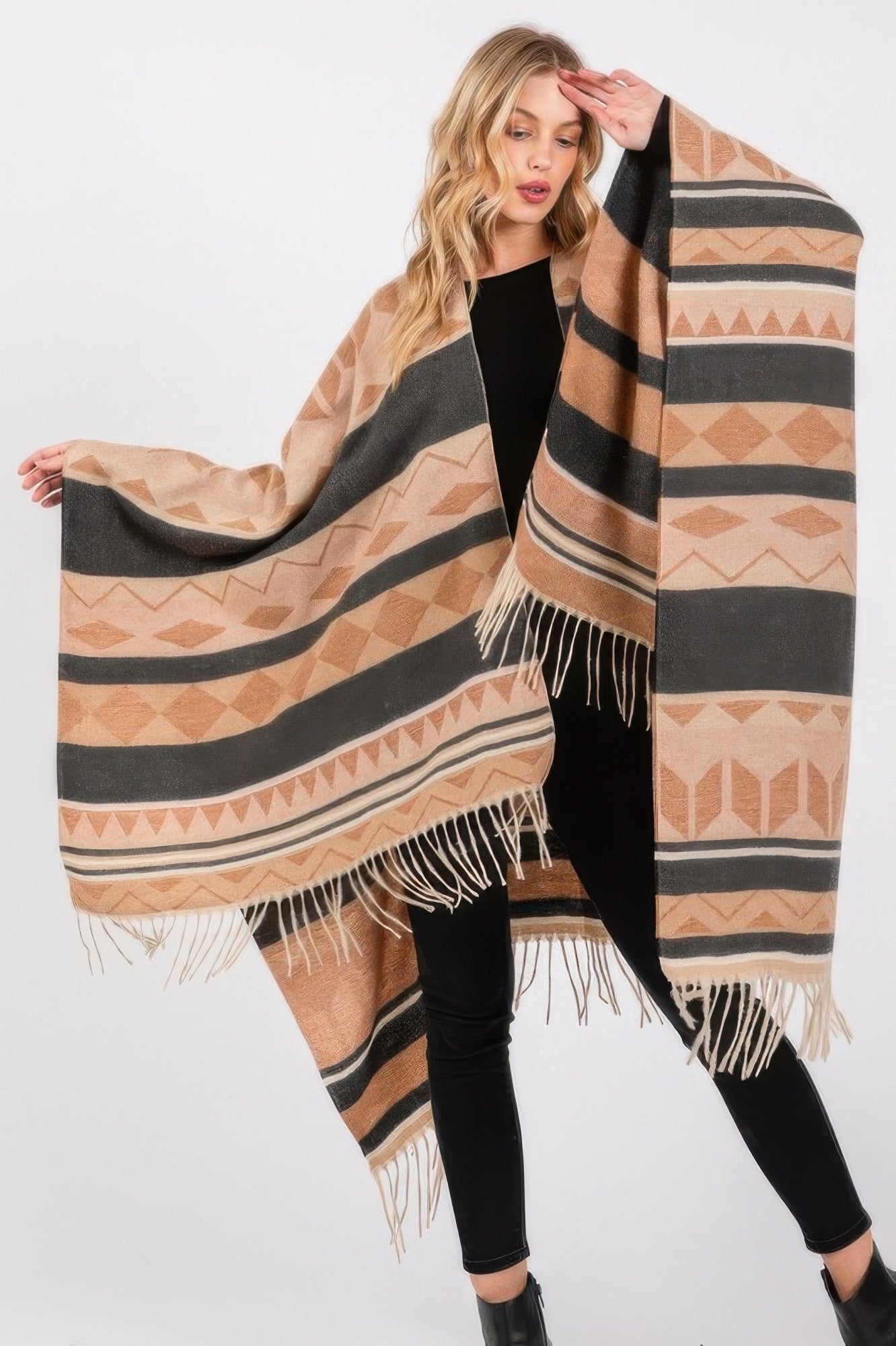 Geometric Stripe Fringe Ruana Wrap Secondary image