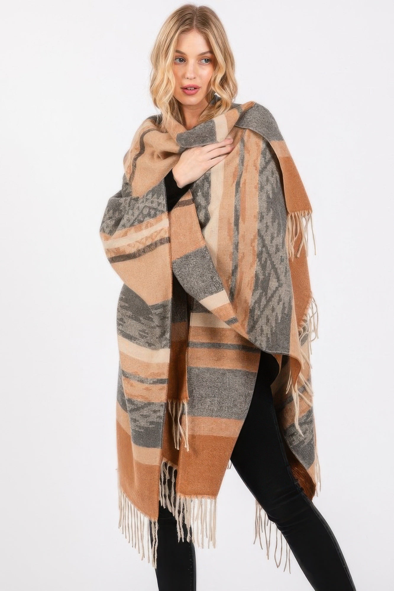 Taupe Aztec-Inspired Fringe Open-Front Ruana Secondary image