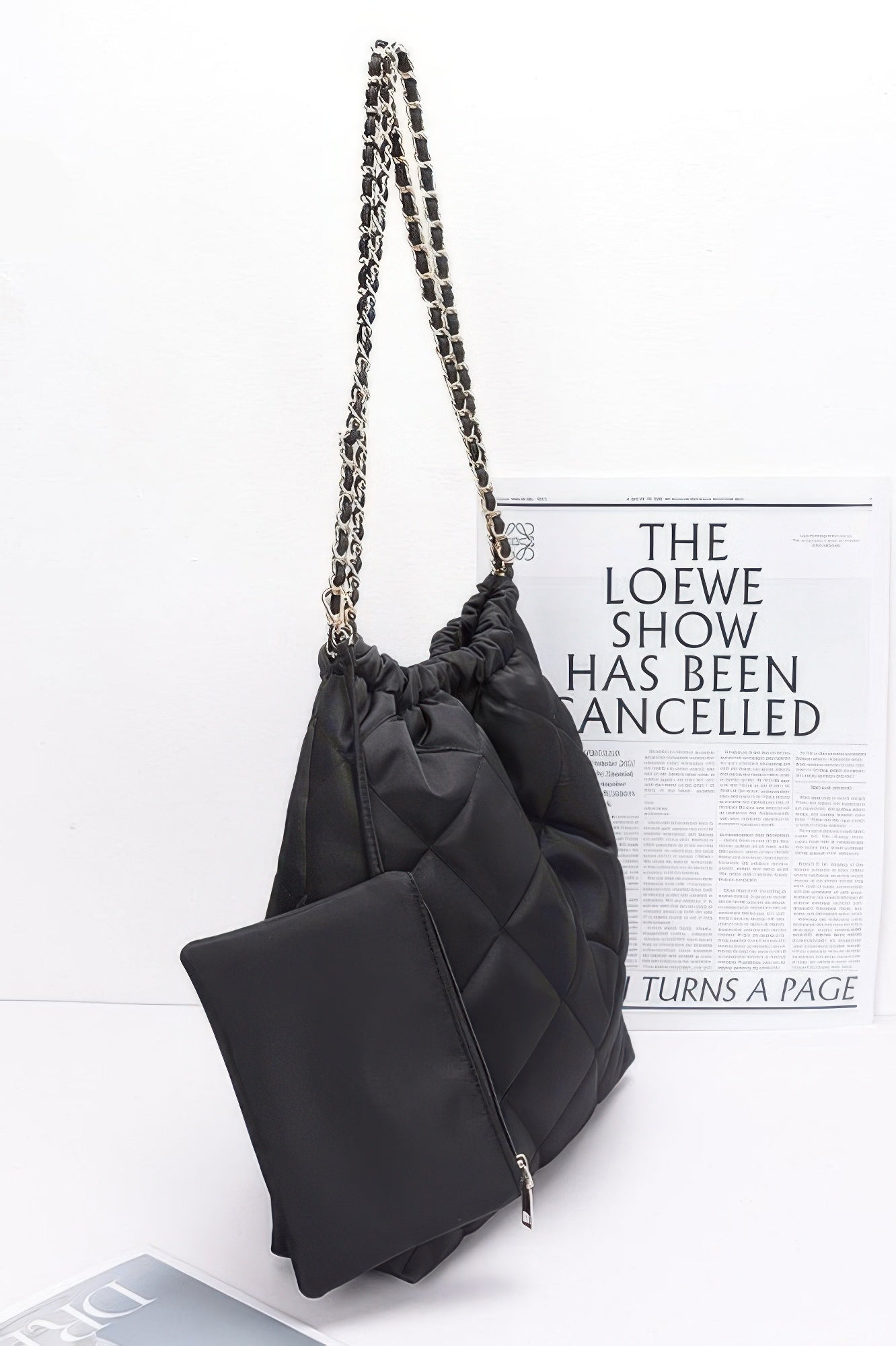 Black Quilted Shoulder Bag with Chain Strap and Mini Pouch Secondary image