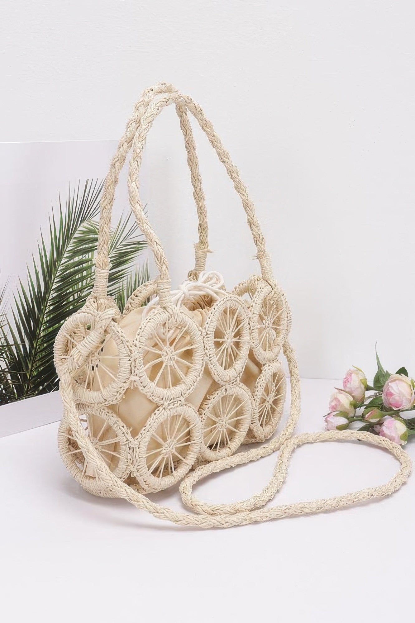 Round Faux Straw Crossbody Bag with Top Handle Secondary image