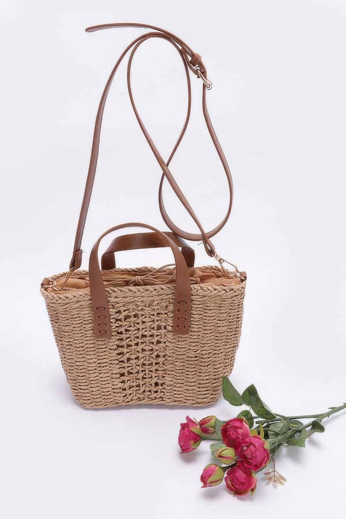 Woven Faux Straw Tote with Brown Handles Secondary image