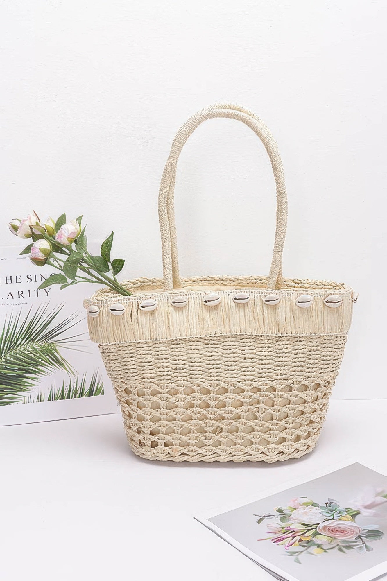Woven Faux Straw Shell Accent Tote Bag Secondary image