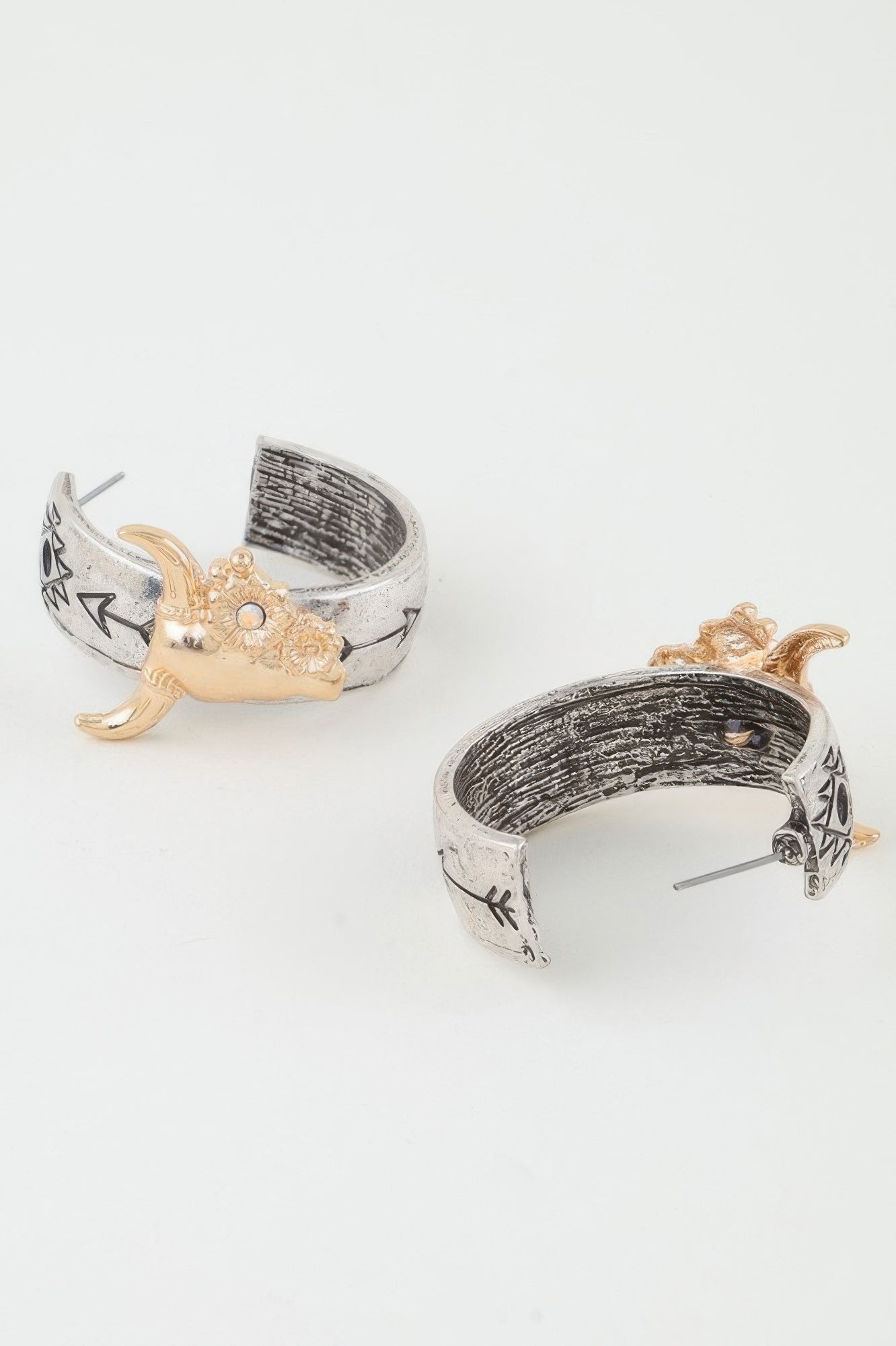 Two-Tone Bull and Floral Hoop Earrings Secondary image