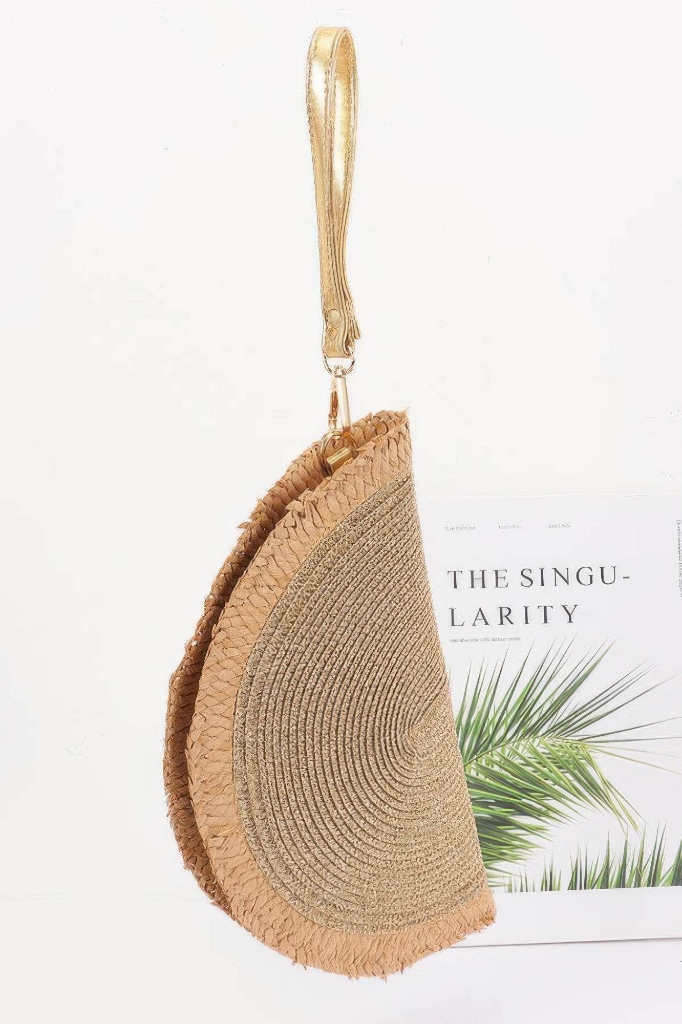 Metallic Semi-Circle Faux Straw Wristlet Clutch Secondary image