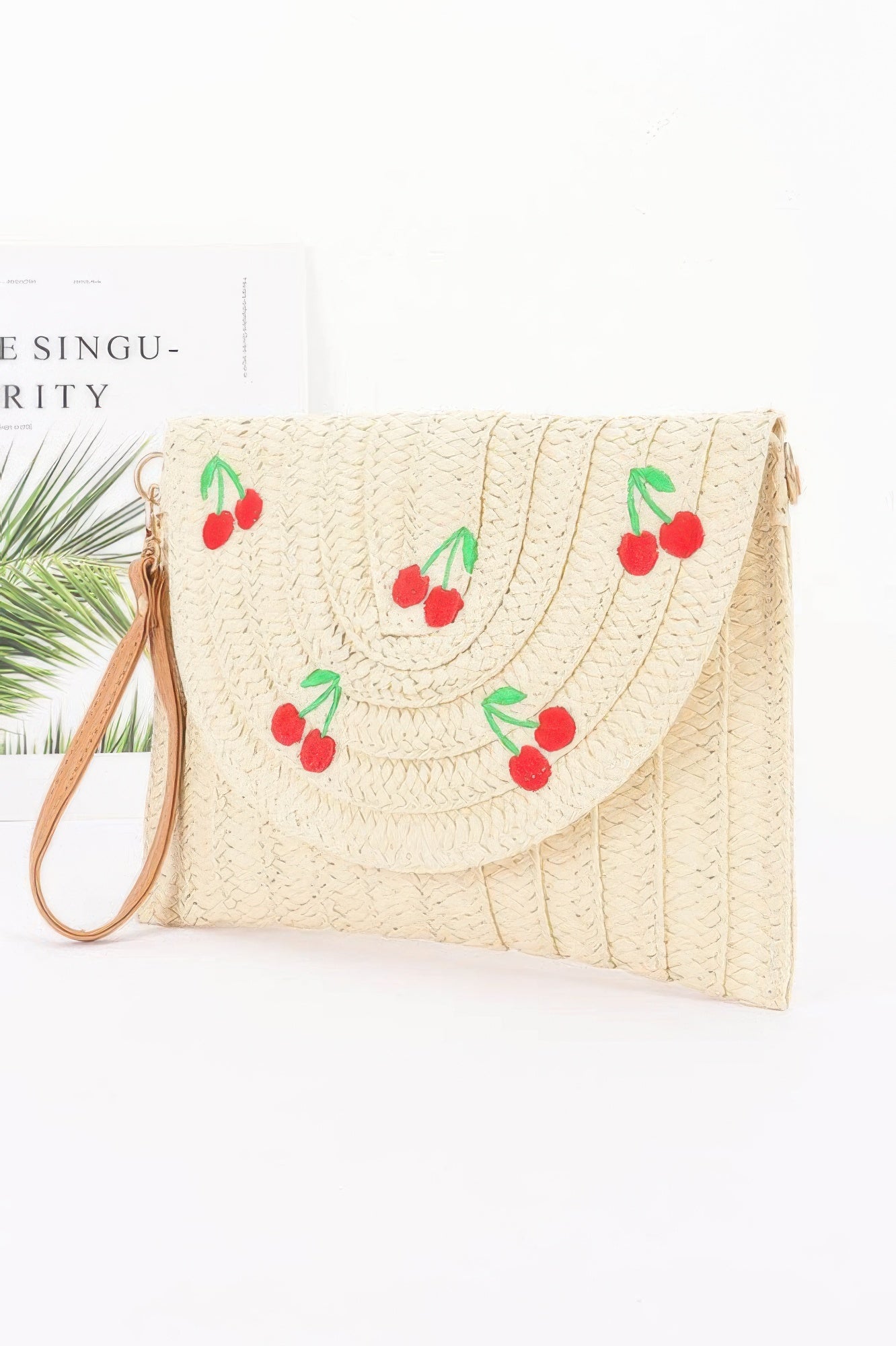 Ivory Faux Straw Cherry Bag With Detachable Strap Secondary image