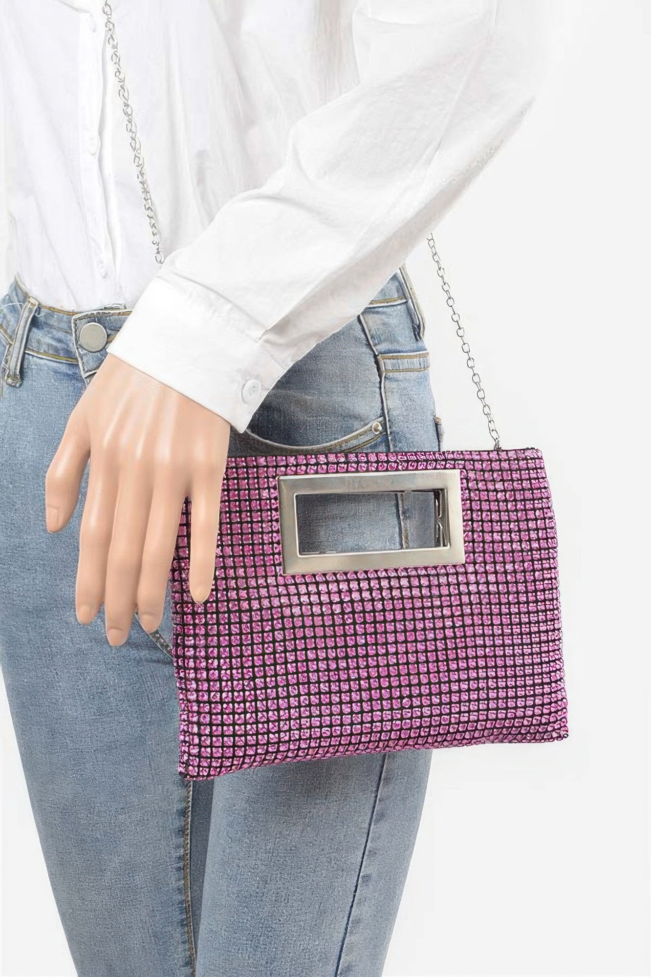 Fuchsia Rhinestone Chain Strap Clutch Bag Secondary image