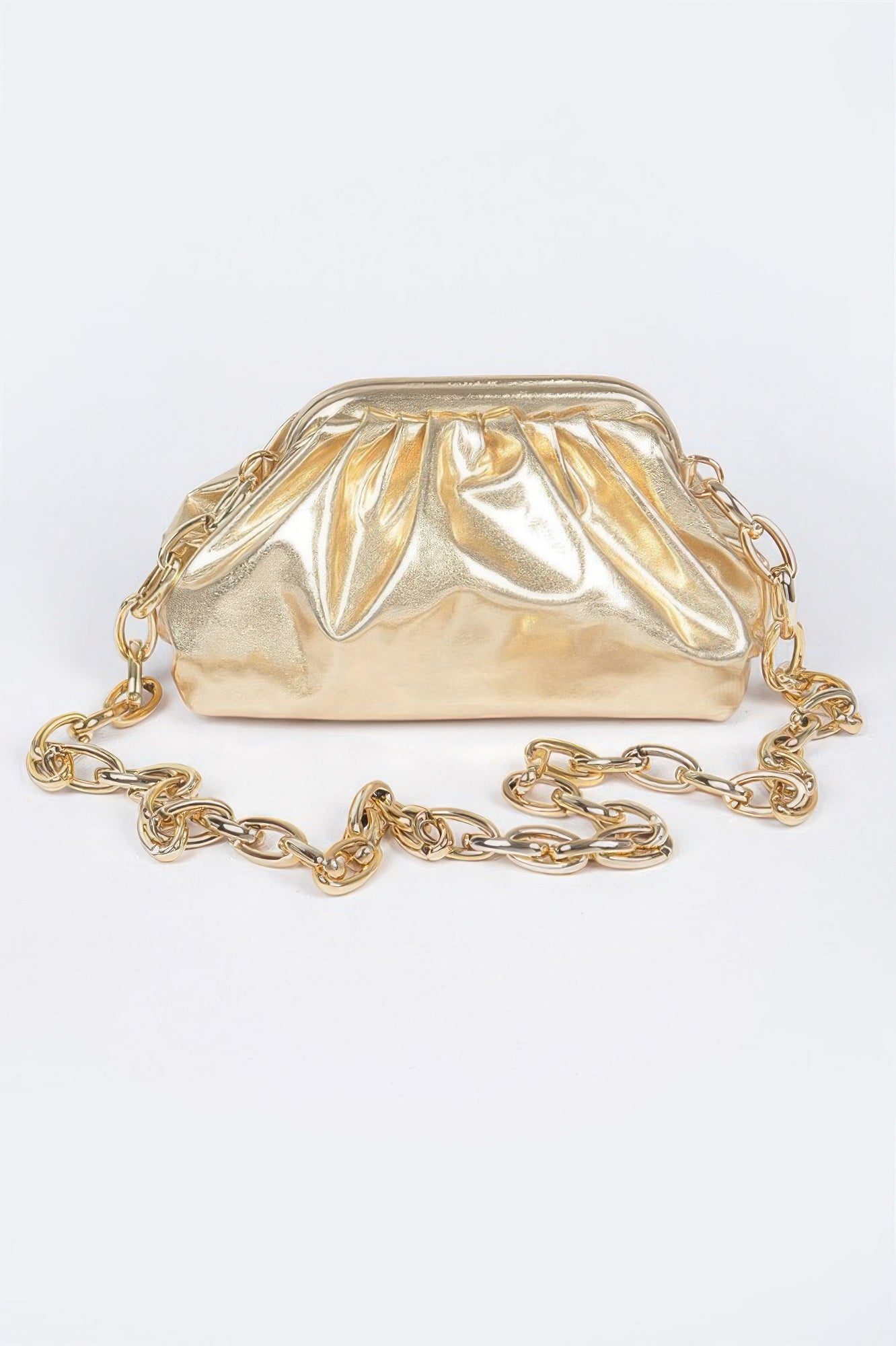 Metallic Pleated Pouch Bag with Statement Chain Secondary image