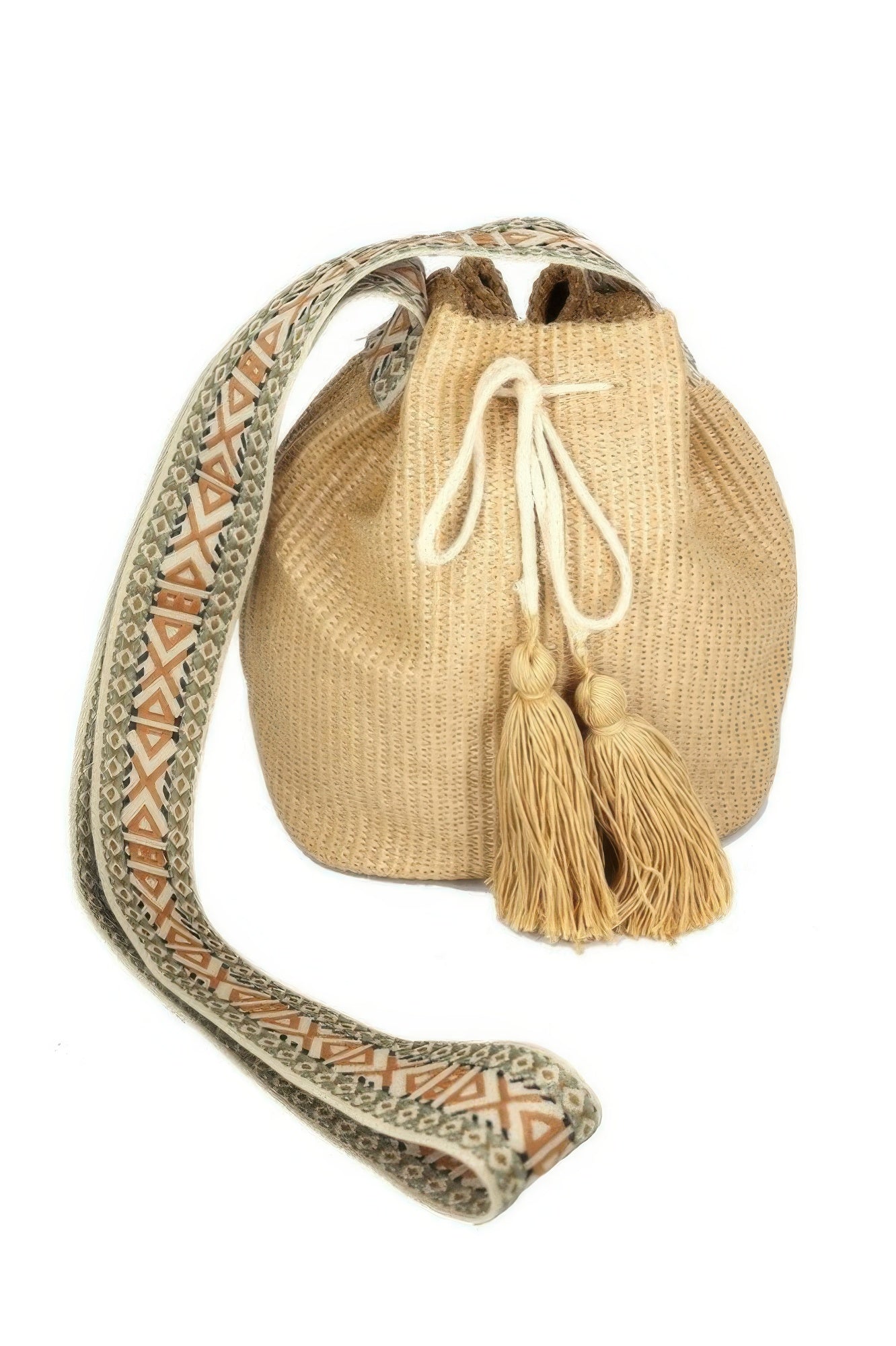 Textured Bucket Bag With Aztec Strap and Tassel Detail Secondary image