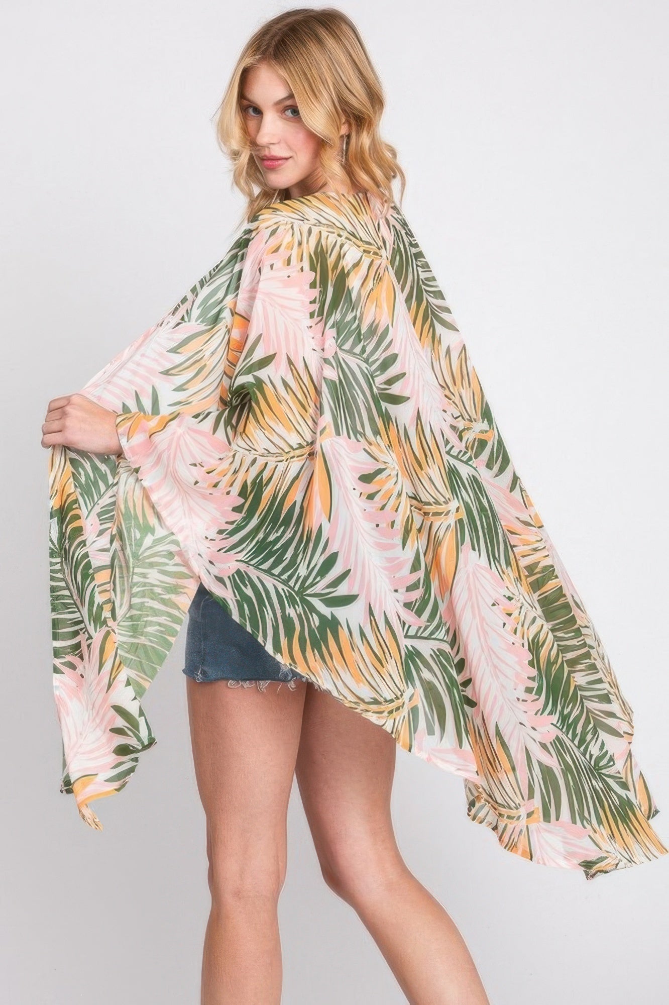 Green Tropical Leaf Print Open-Front Cover-Up Secondary image