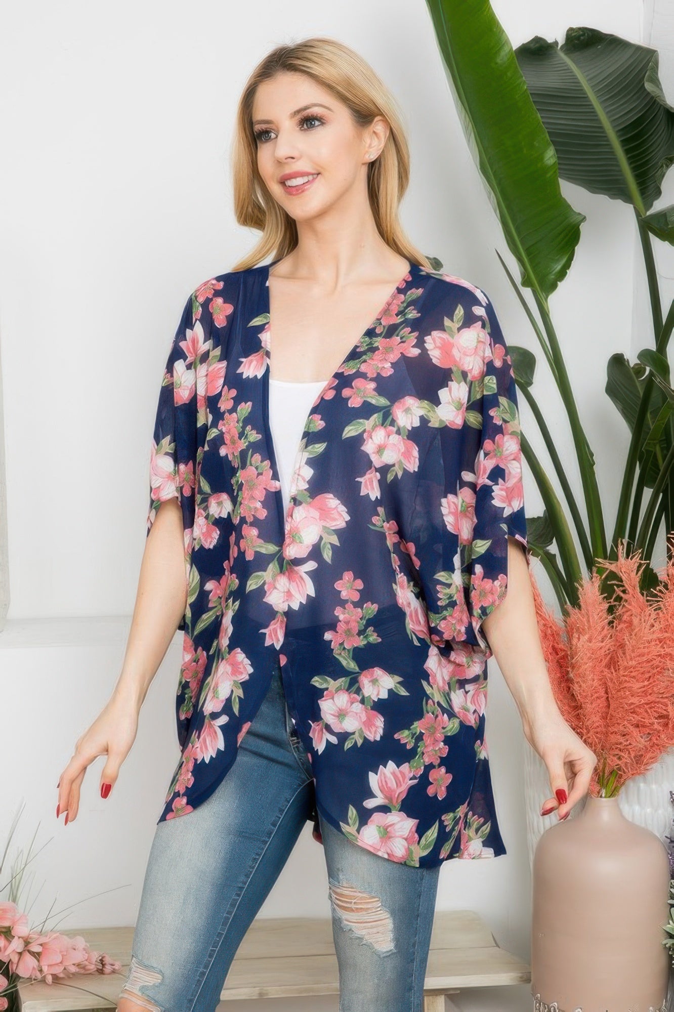 Navy Floral Open-Front Kimono Secondary image