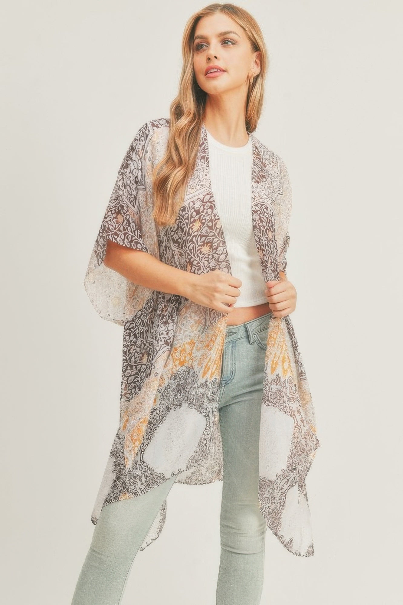 Mixed Print Open-Front Kimono Secondary image