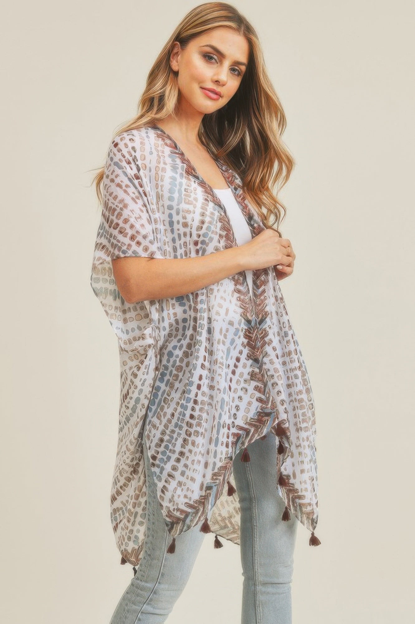 Patterned Open-Front Tassel Kimono Secondary image