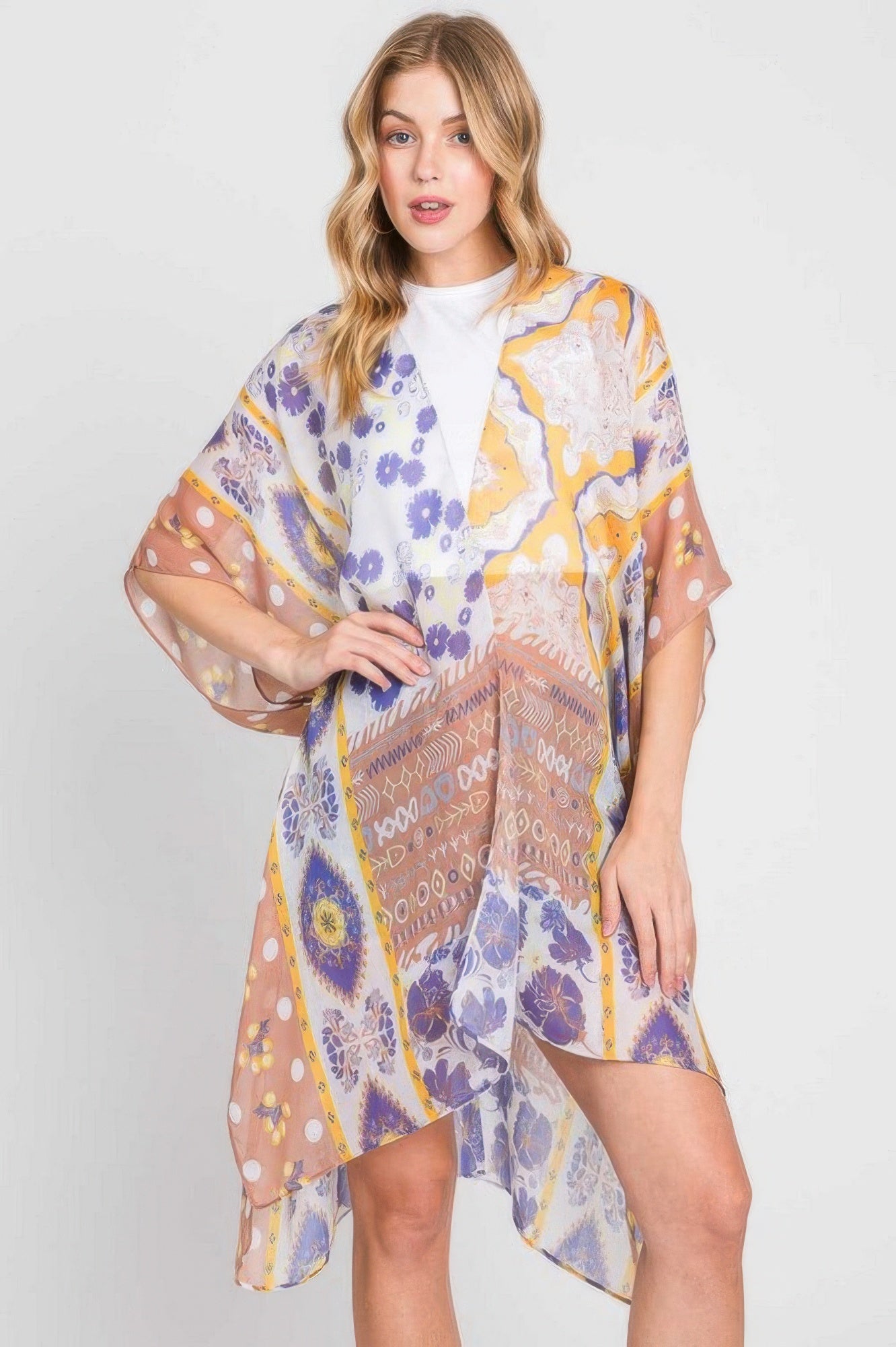 Mixed Print Open-Front Kimono Cover-Up Secondary image