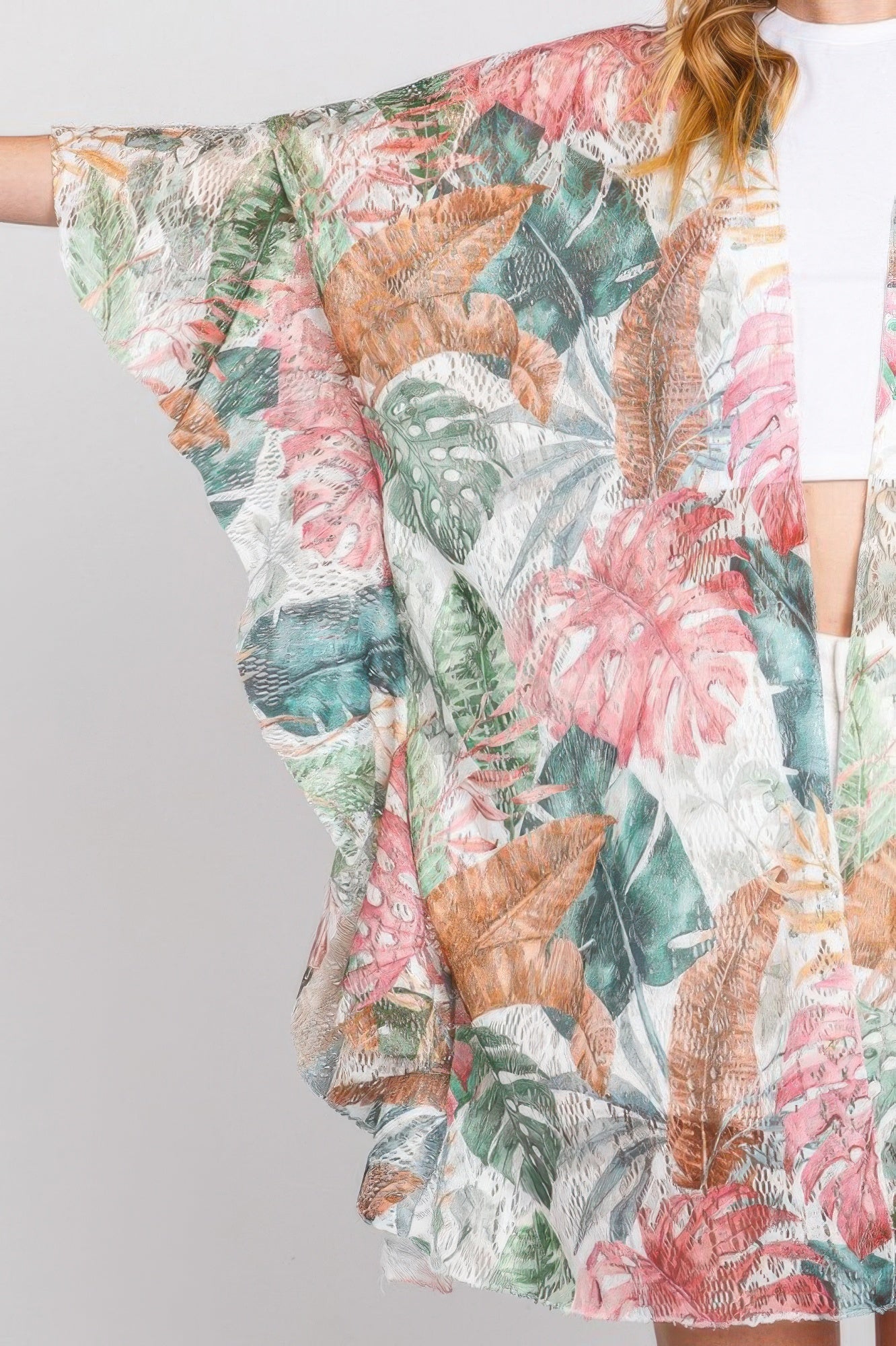 Tropical Leaf Print Open-Front Kimono Cover-Up Secondary image
