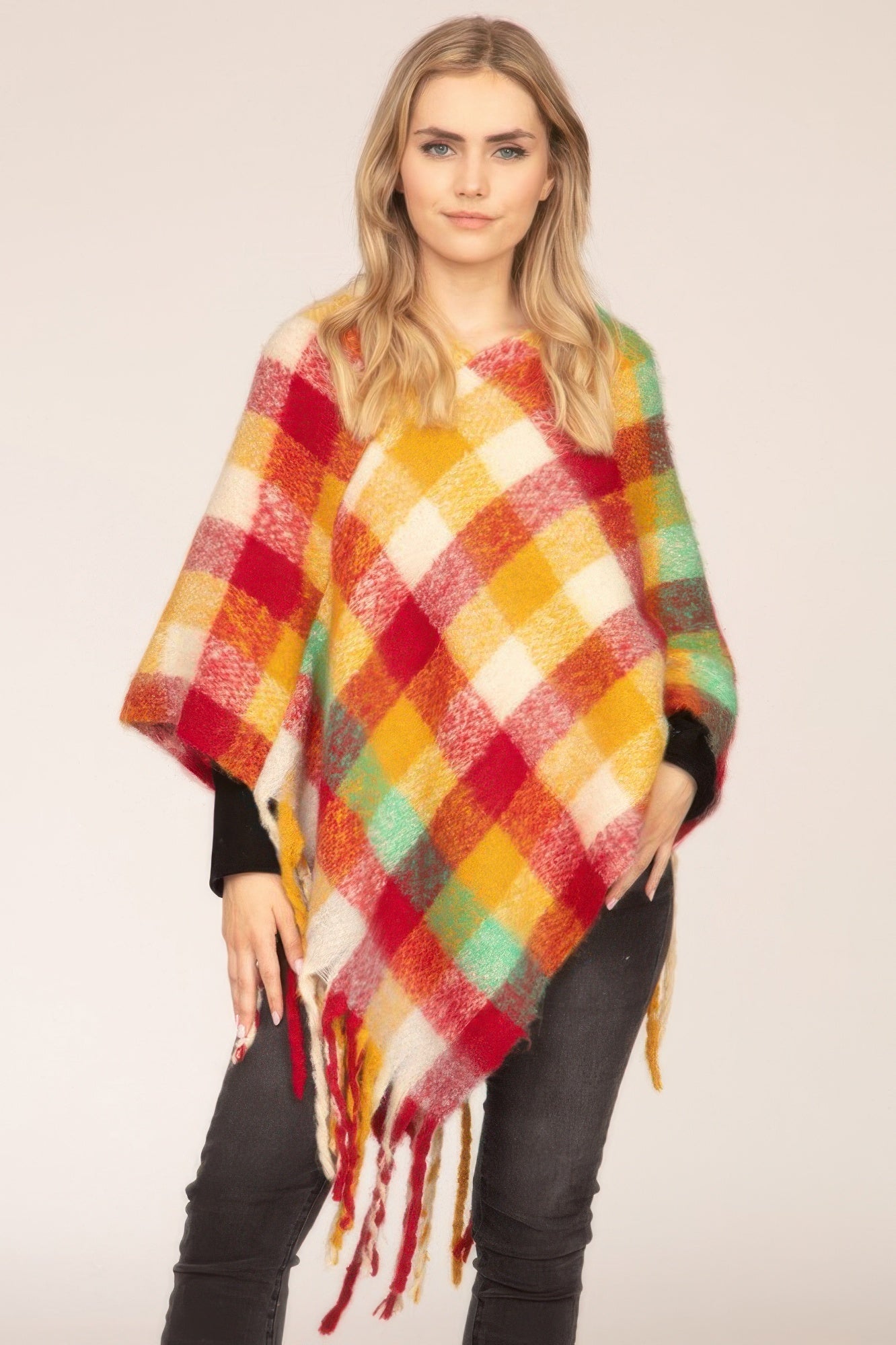 Colorful Plaid Fringe Poncho Secondary image