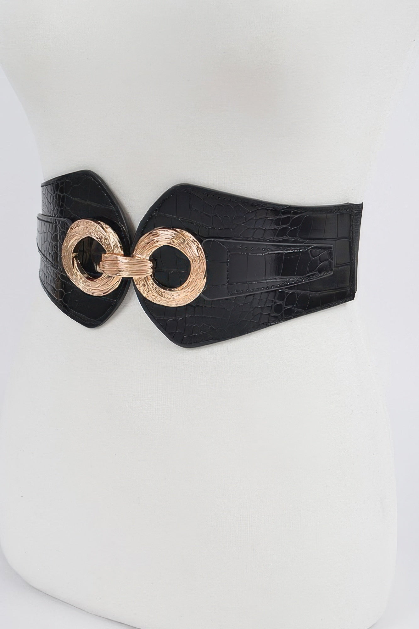 Black Faux Croc Wide Belt with Gold-Tone Double Ring Secondary image
