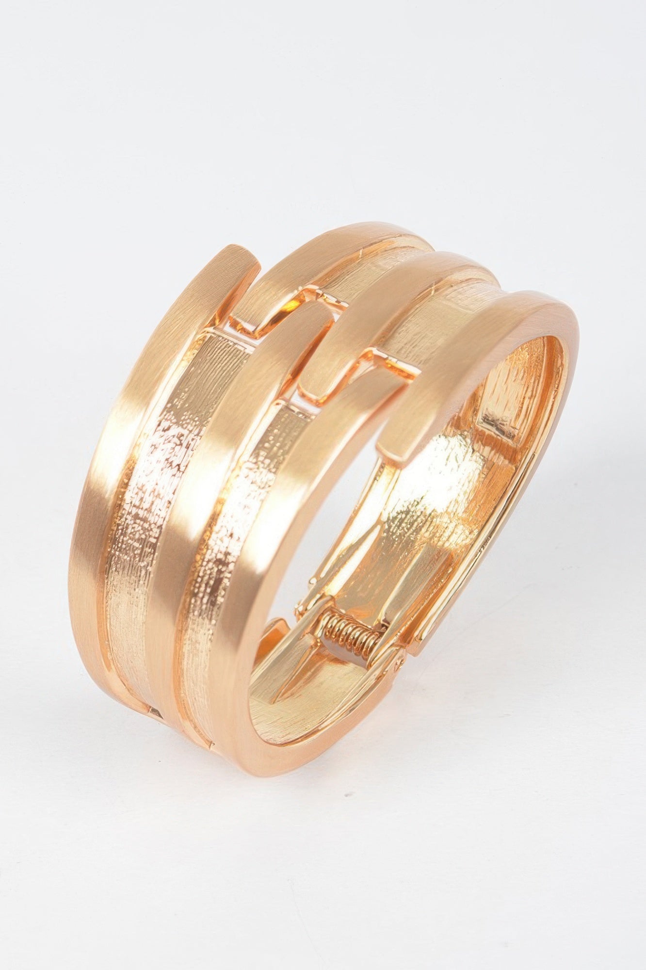 Gold Textured Metal Spring-Hinge Cuff Bracelet Secondary image