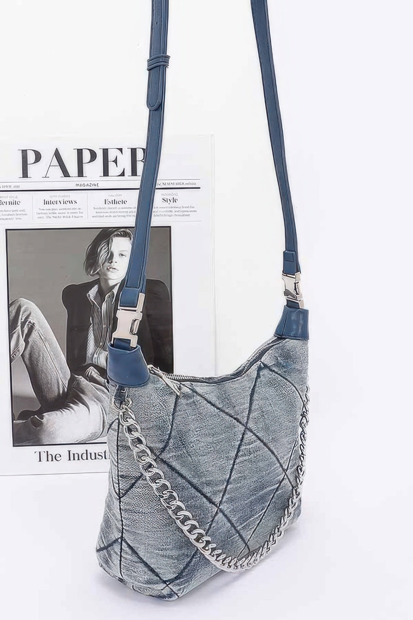 Quilted Denim-Style Chain Crossbody Bag Secondary image