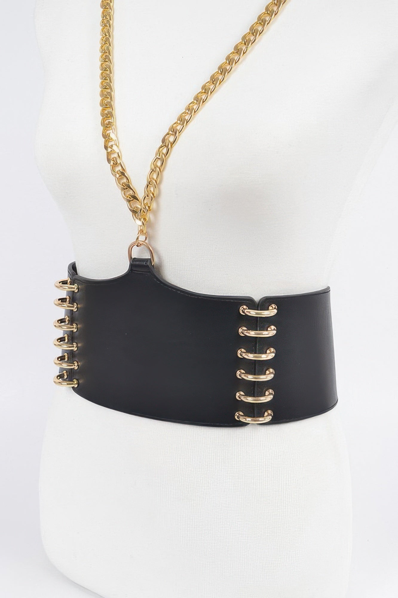 Wide Black Faux Leather Belt with Gold Chain Secondary image