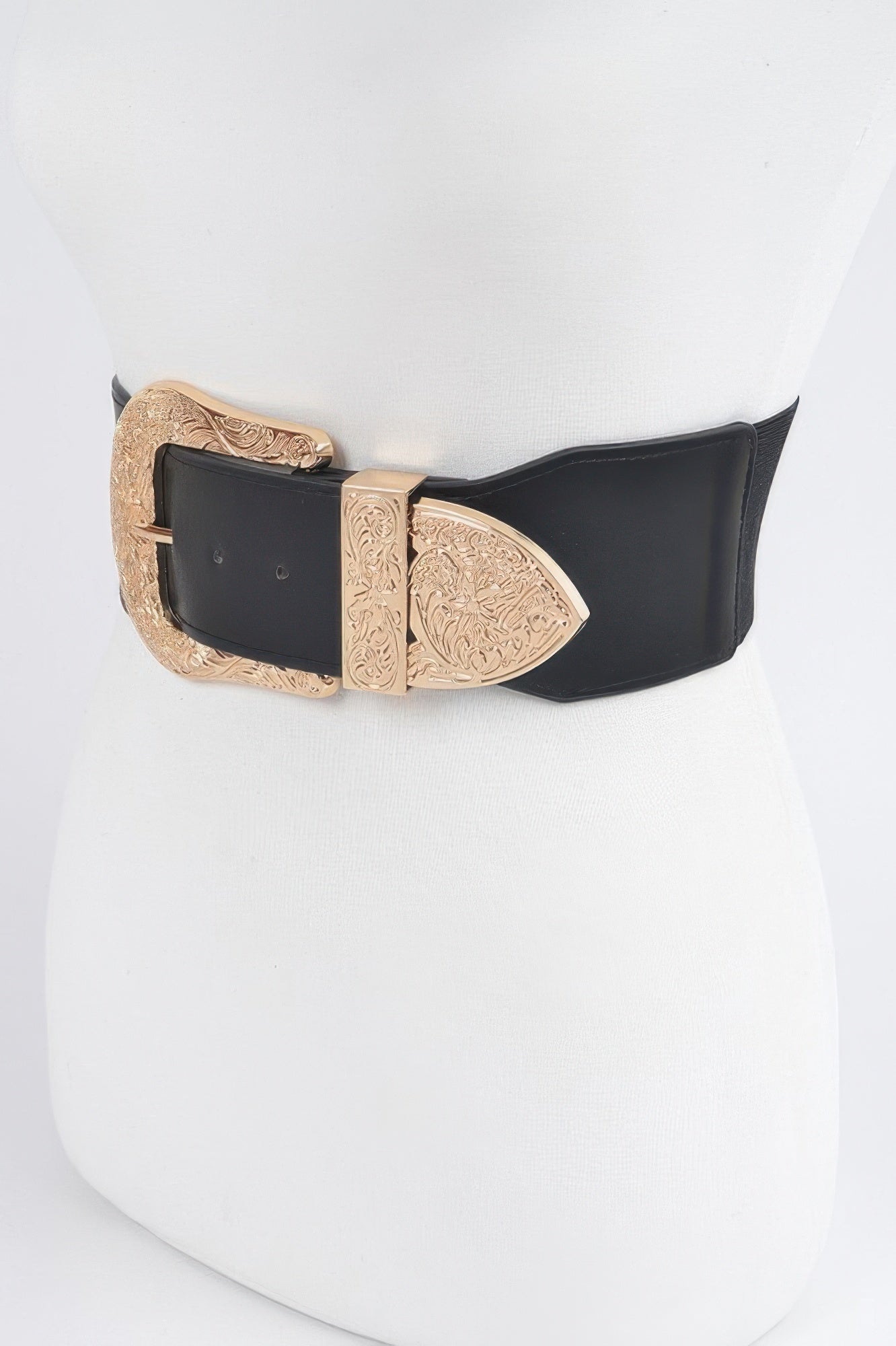 Wide Black Elastic Belt with Ornate Gold-Tone Buckle Secondary image