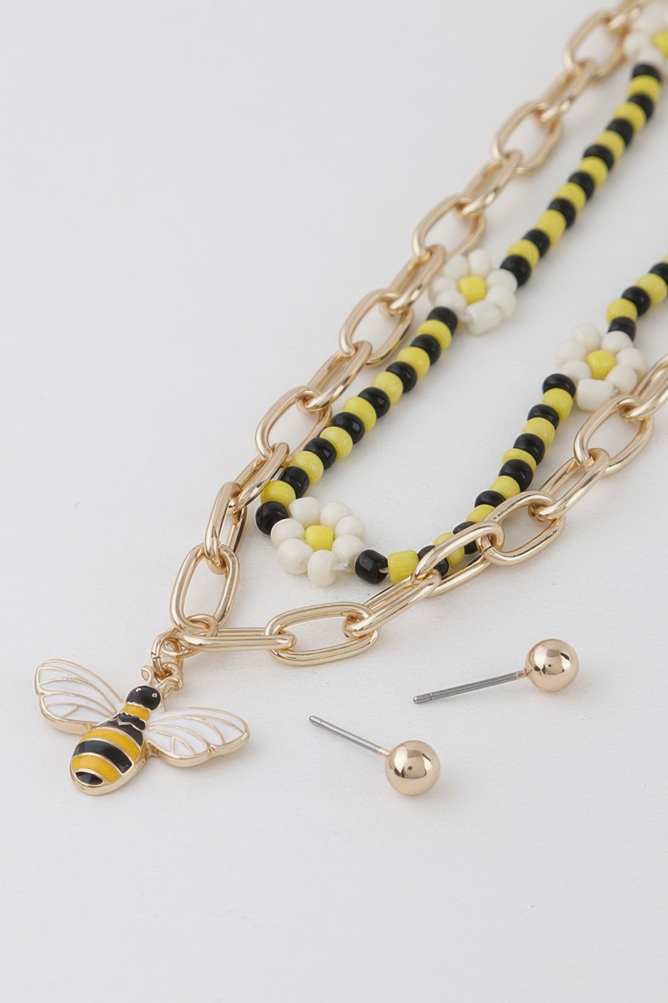 Floral Bead and Bee Pendant Layered Necklace Secondary image