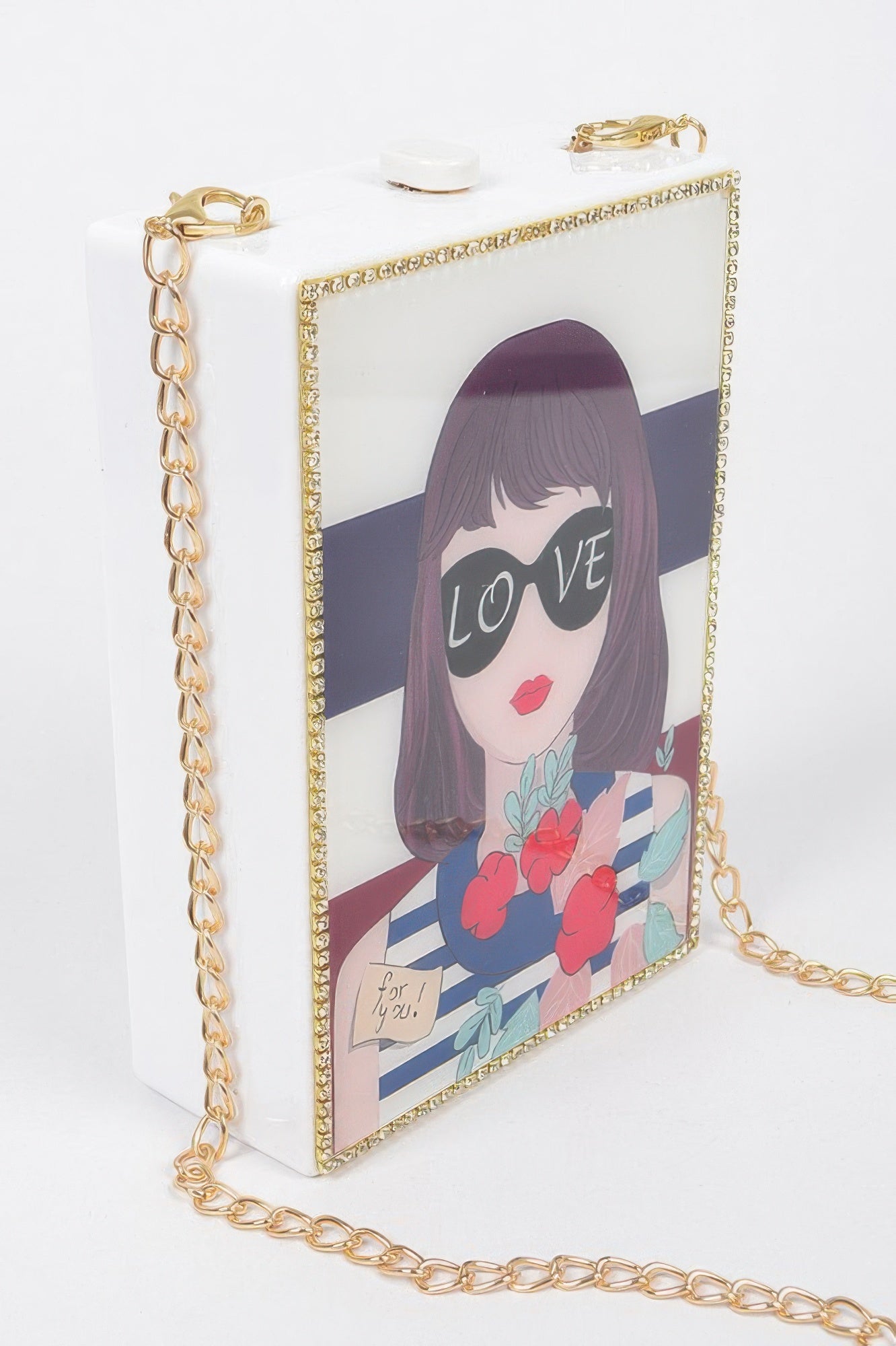 White Acrylic Box Clutch with Illustrated Front and Chain Strap Secondary image