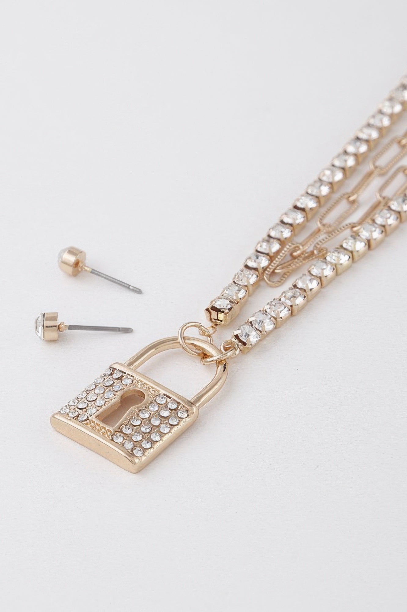 Gold-Tone Rhinestone Lock Pendant Necklace Secondary image