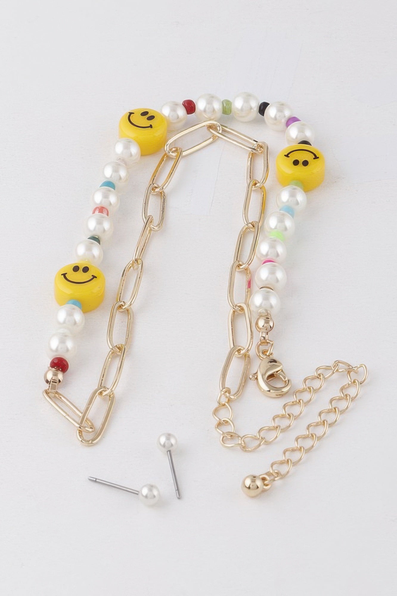 Gold Multi Pearl-Inspired Smiley Face Chain Necklace Secondary image