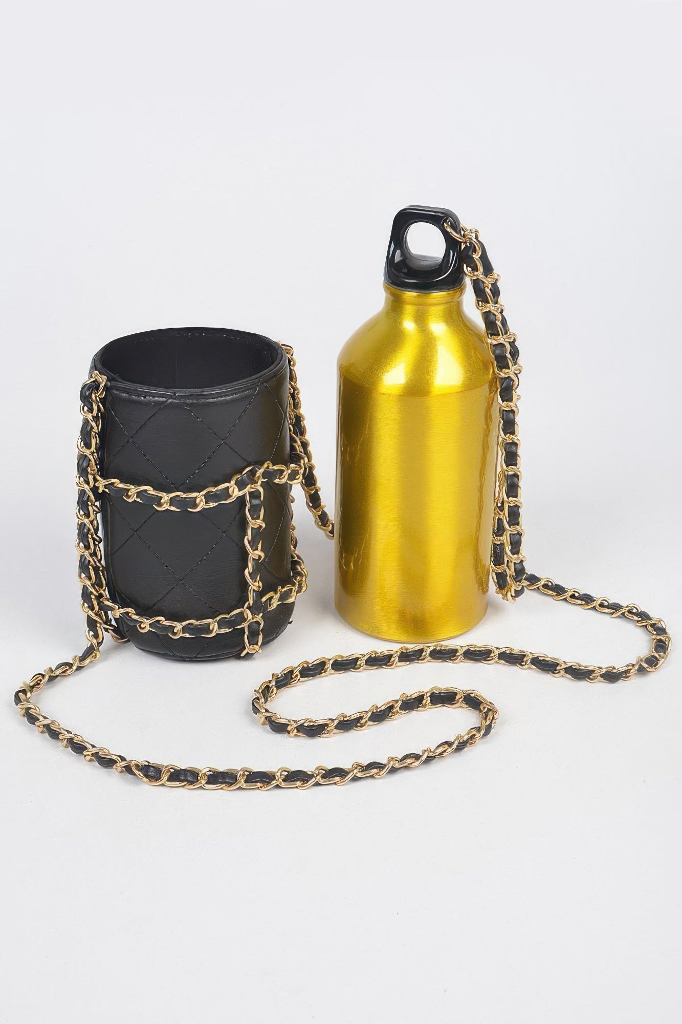 Black Quilted Water Bottle Carrier with Gold Chain Secondary image