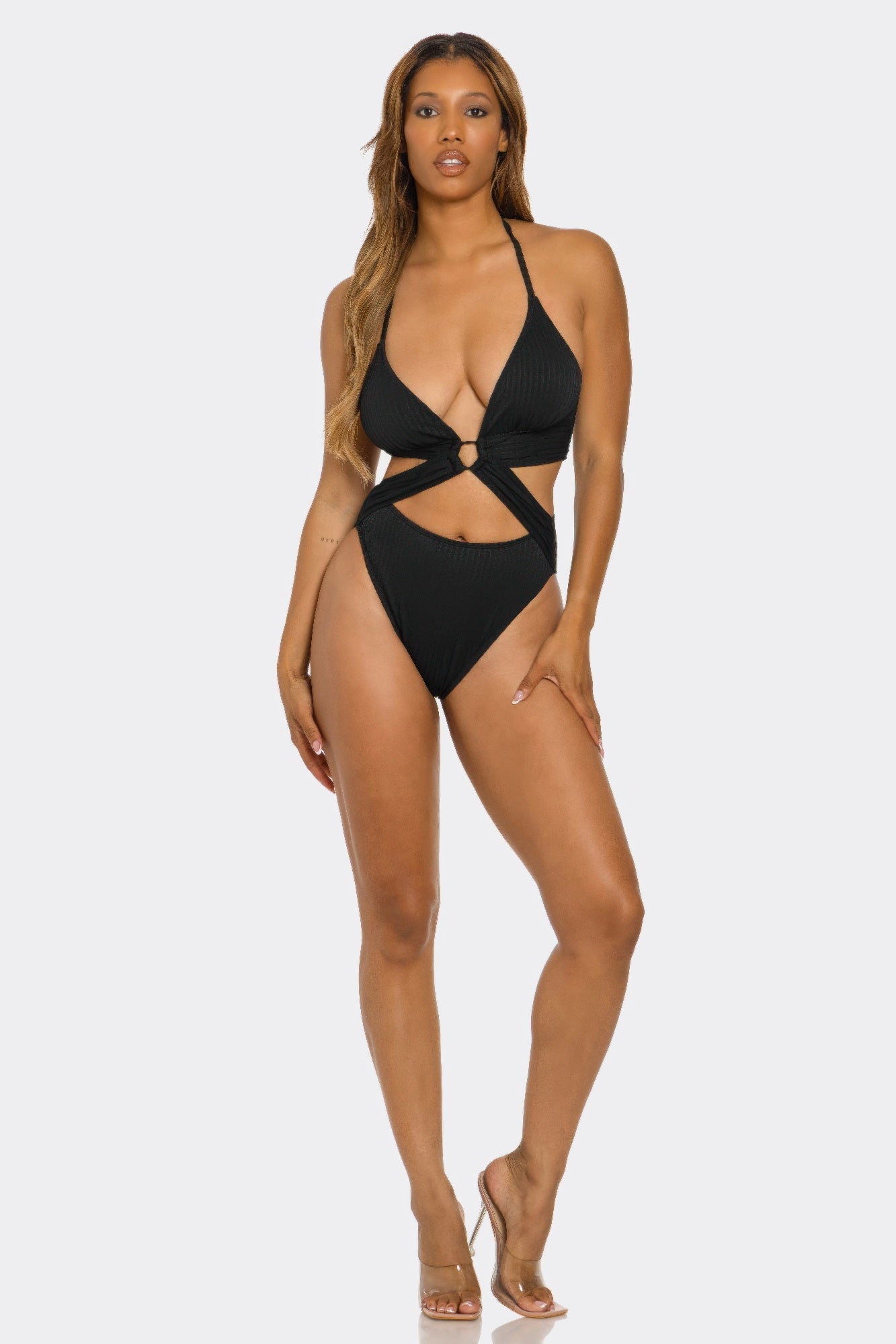 Black Ribbed Halter Cutout One-Piece Swimsuit Secondary image