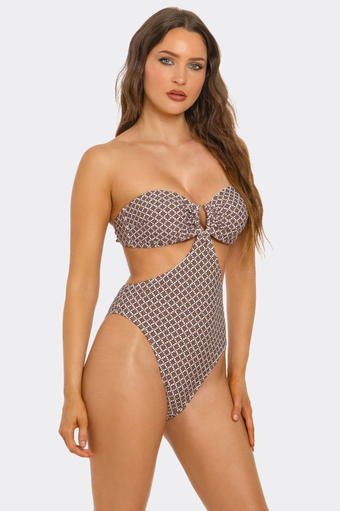 Brown Floral Cutout Tie-Front One-Piece Swimsuit Secondary image