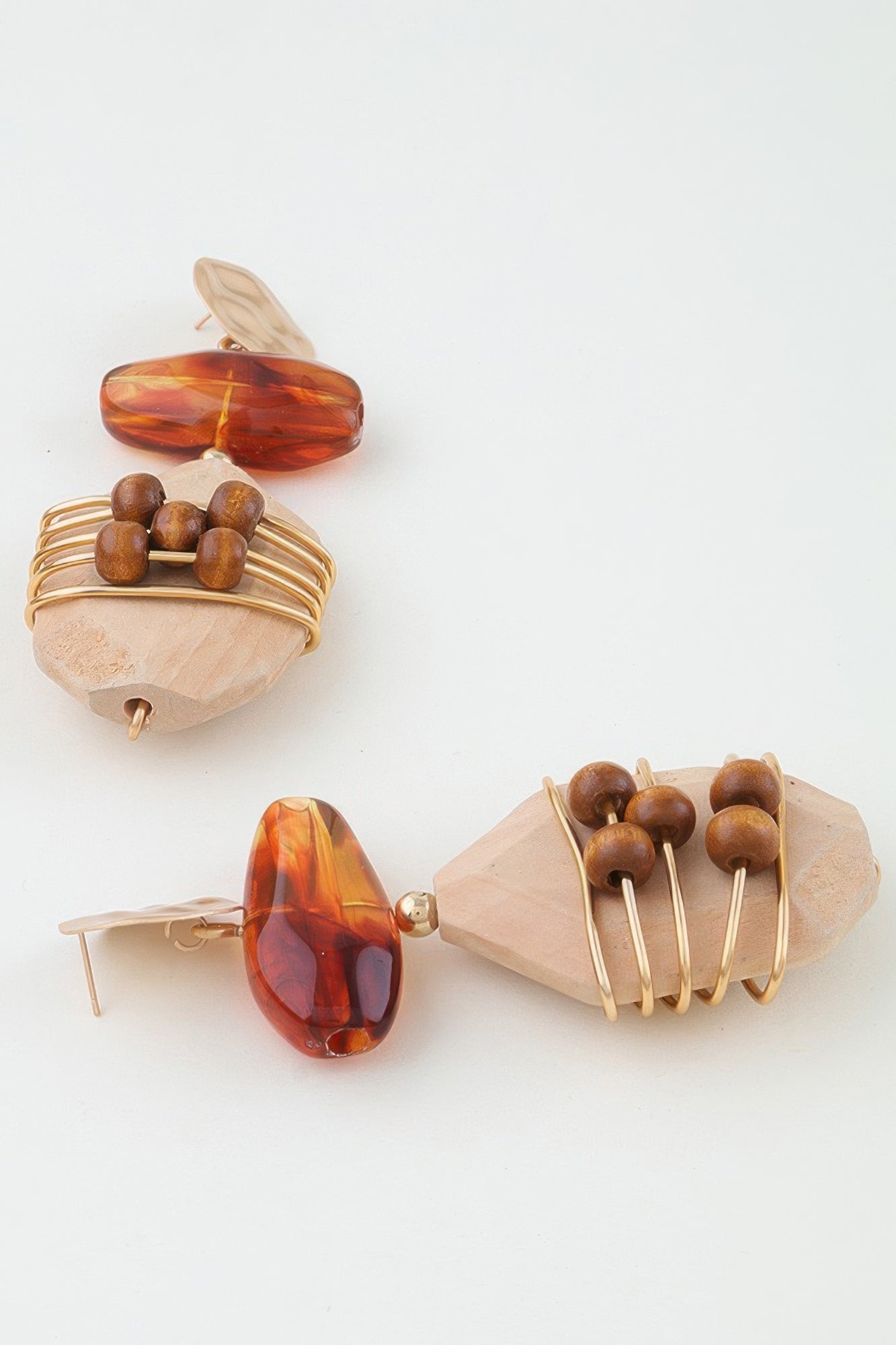 Gold Brown Sculptural Wood and Bead Drop Earrings Secondary image