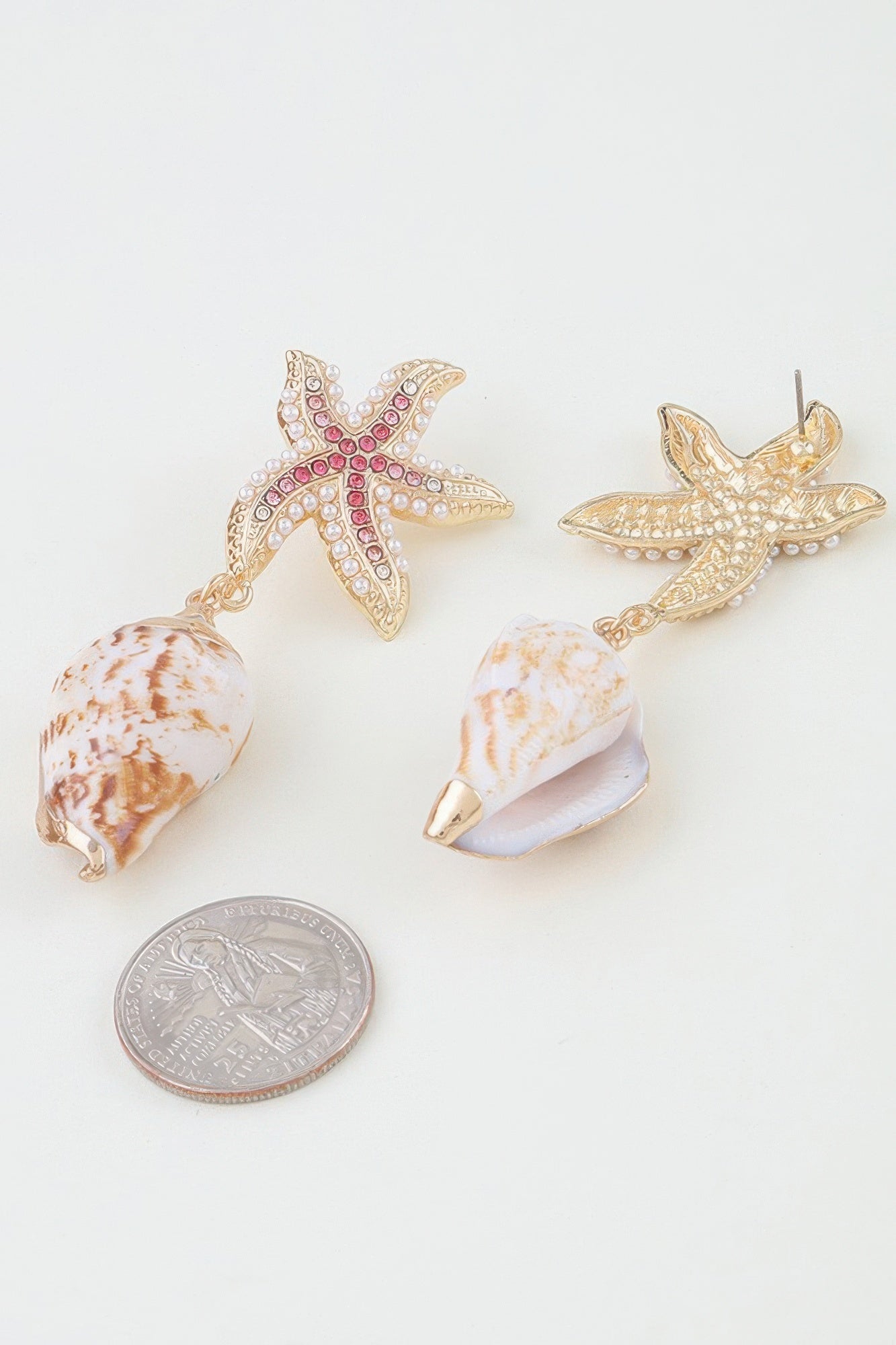 Gold Starfish and Shell Drop Earrings Secondary image