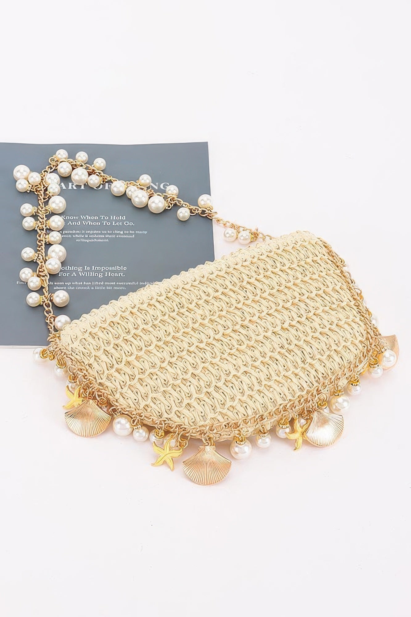 Ivory Woven Shoulder Bag with Pearl Chain and Nautical Charms Secondary image