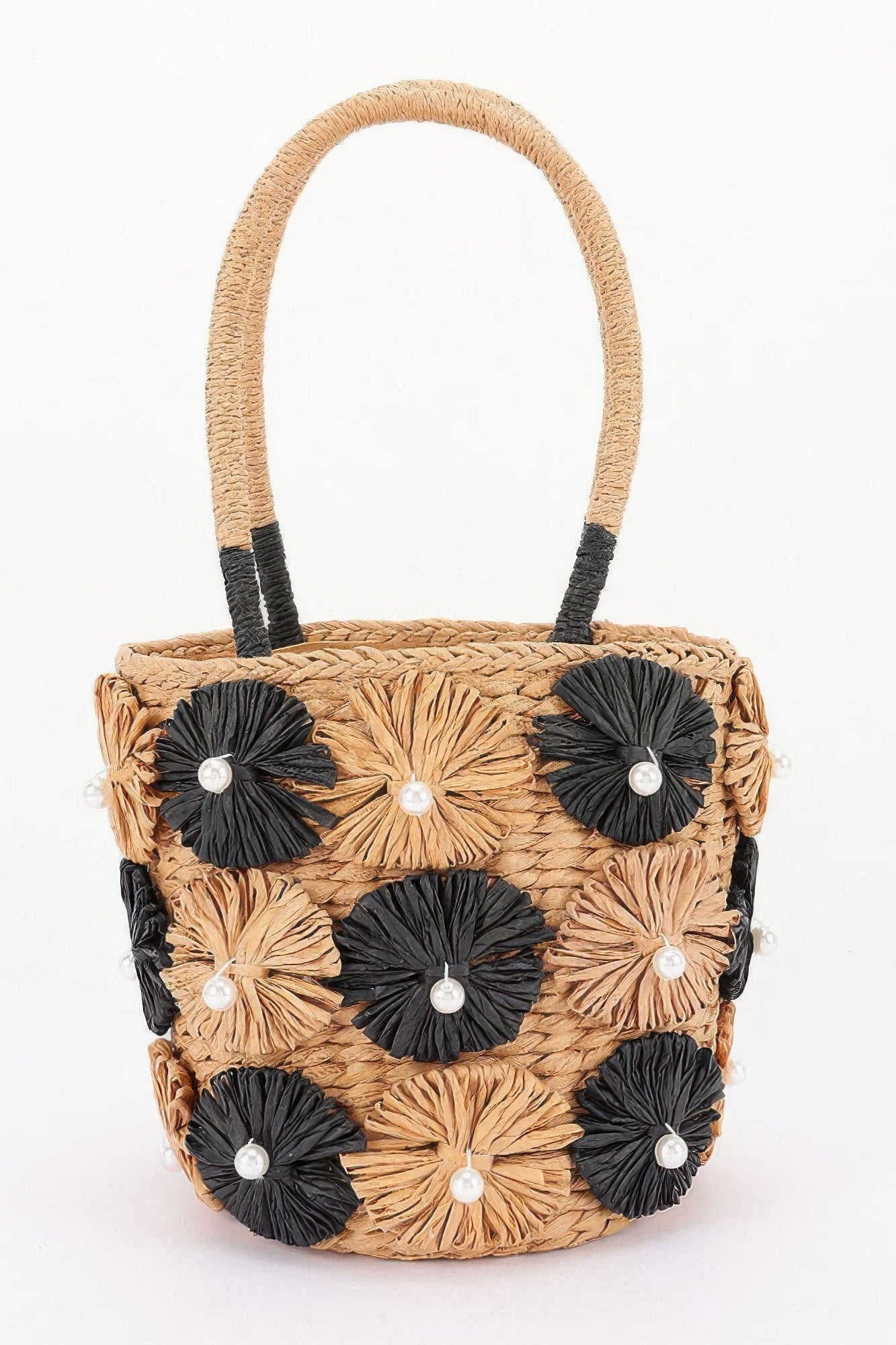 Woven Flower Appliqué Handbag with Pearl Centers Secondary image