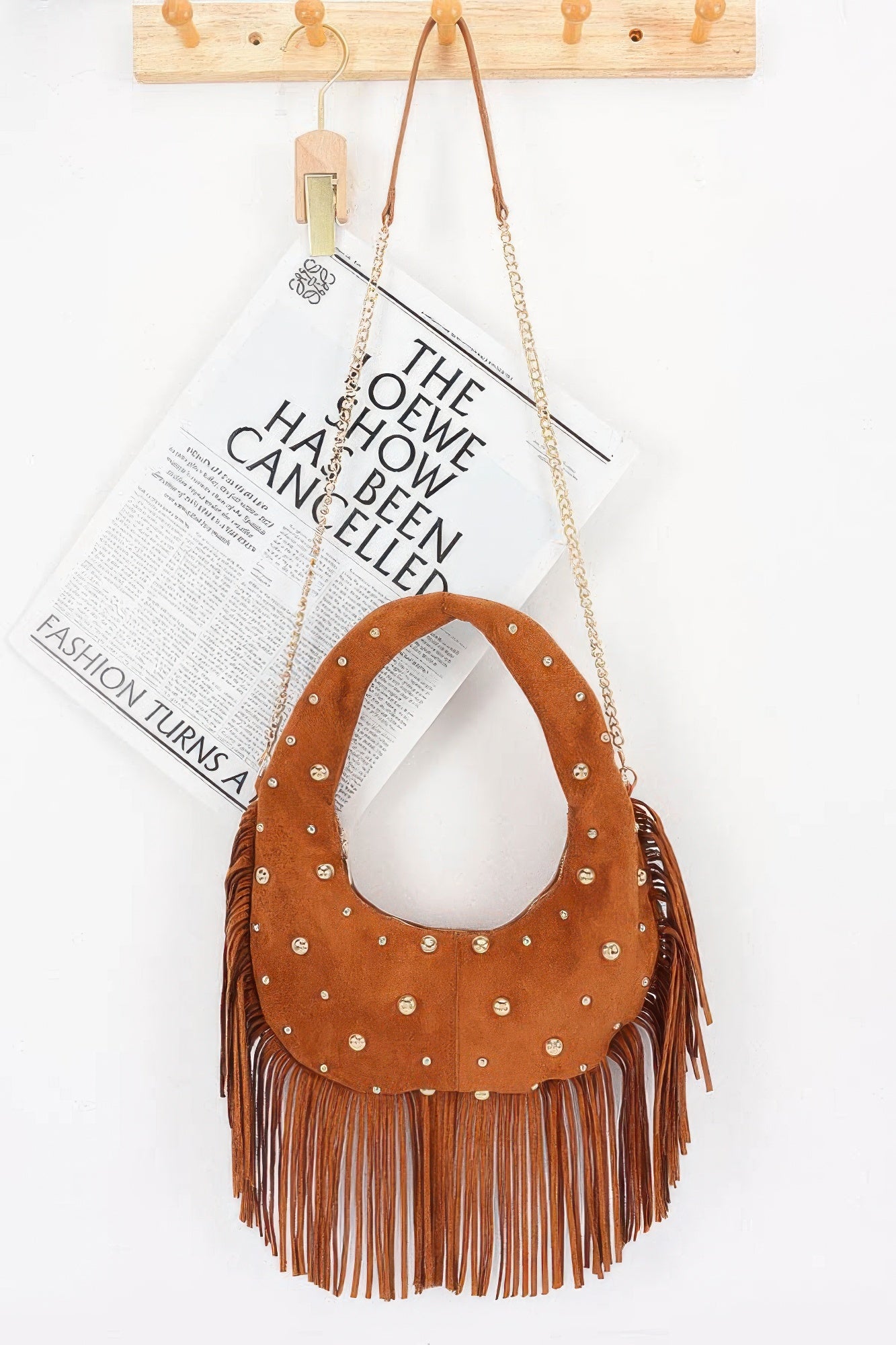 Studded Faux-Suede Fringe Hobo Bag Secondary image