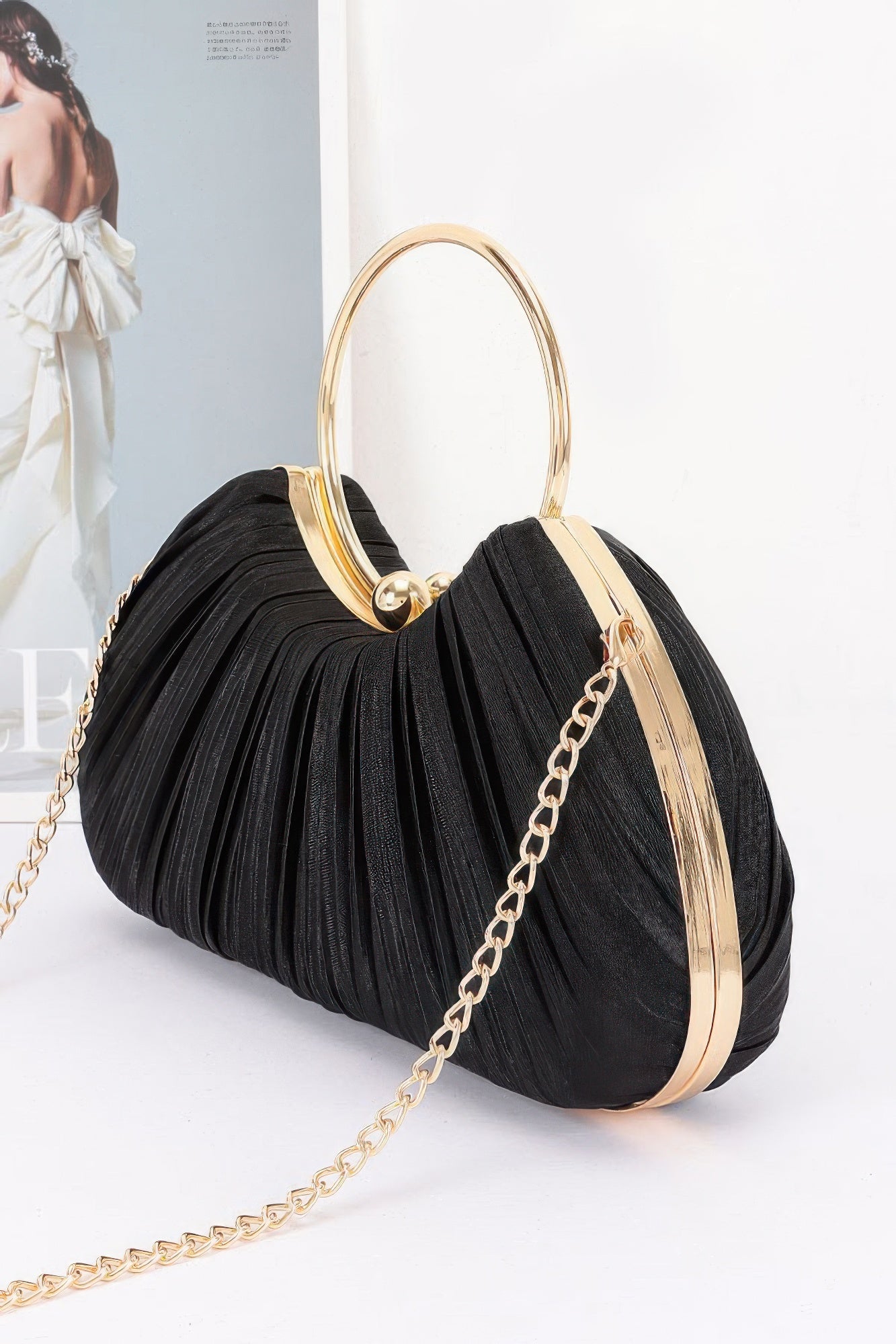 Pleated Fan-Shaped Handbag with Ring Handle Secondary image