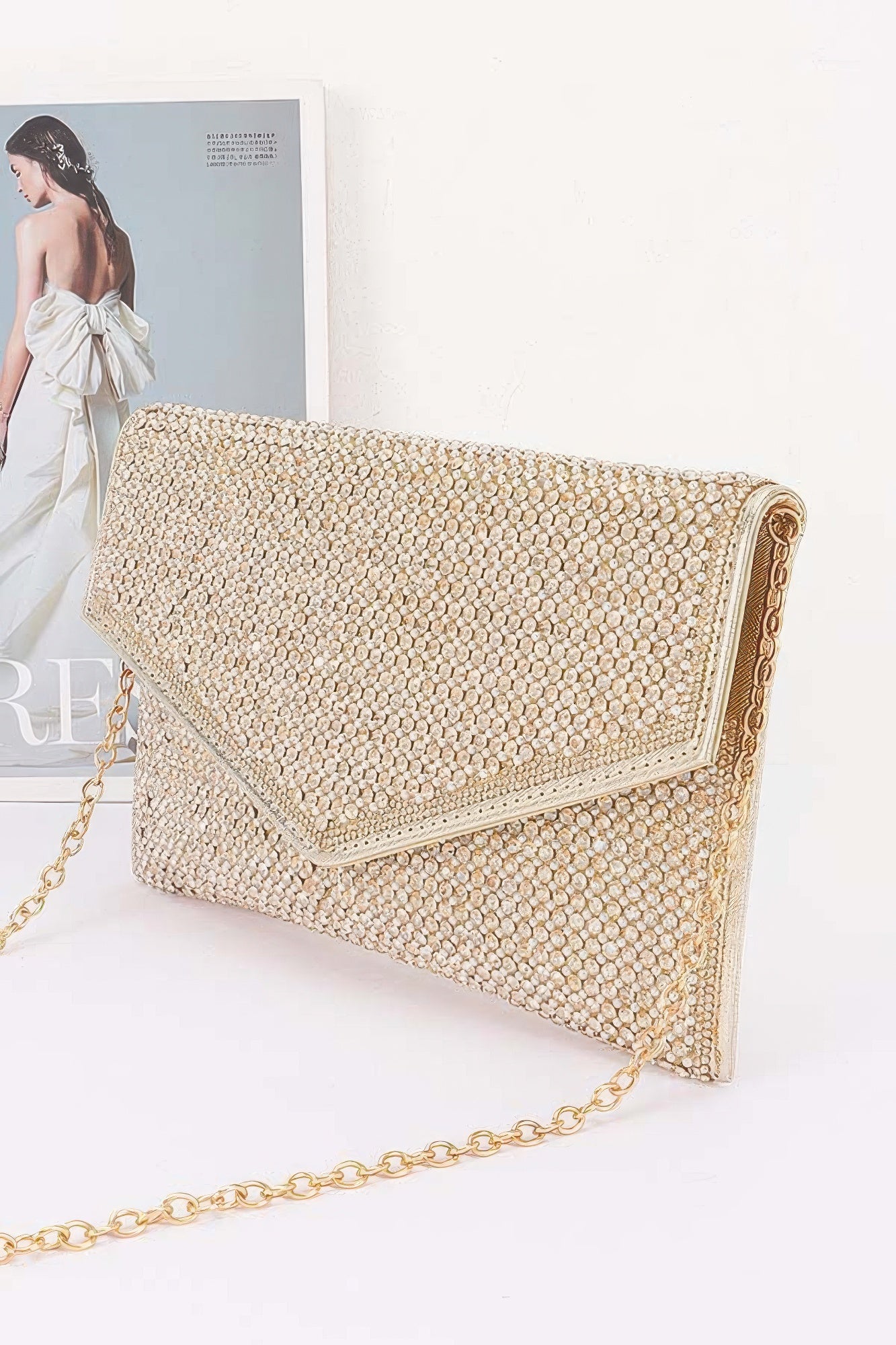 Pearl and Rhinestone Envelope Clutch with Chain Strap Secondary image
