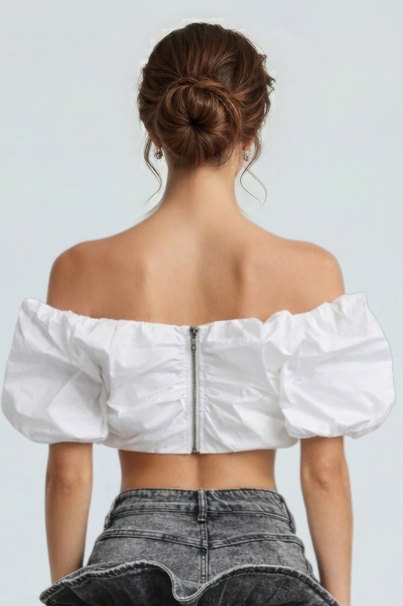 Off-Shoulder Ruched Puff-Sleeve Top in Off White Secondary image